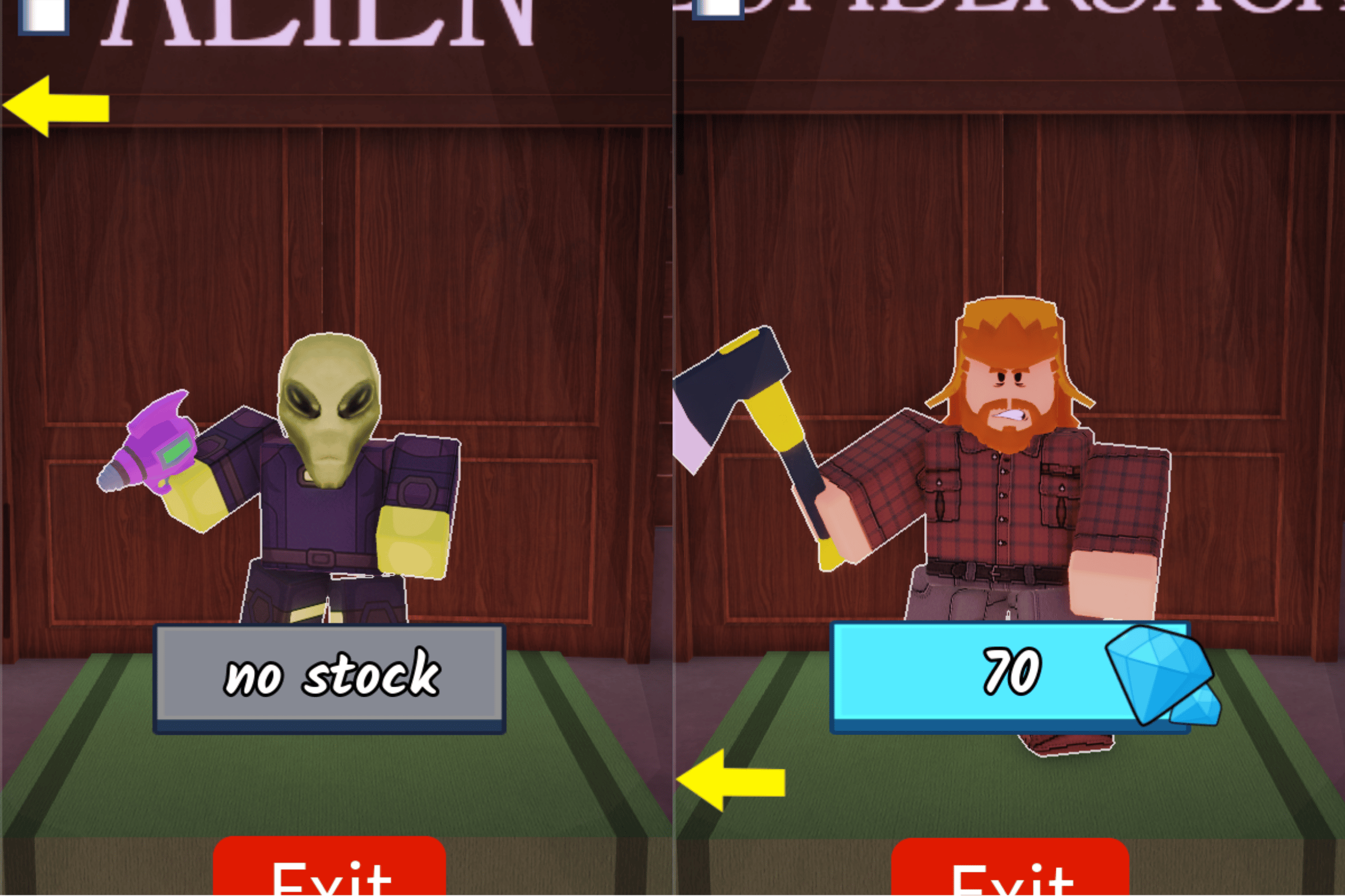 Alien and Lumberjack class screens compared side by side in 99 Nights in the Forest