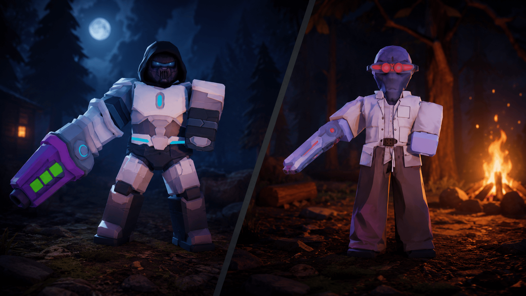 Cyborg and Alien Scientist facing off in a dark forest inspired by 99 Nights in the Forest