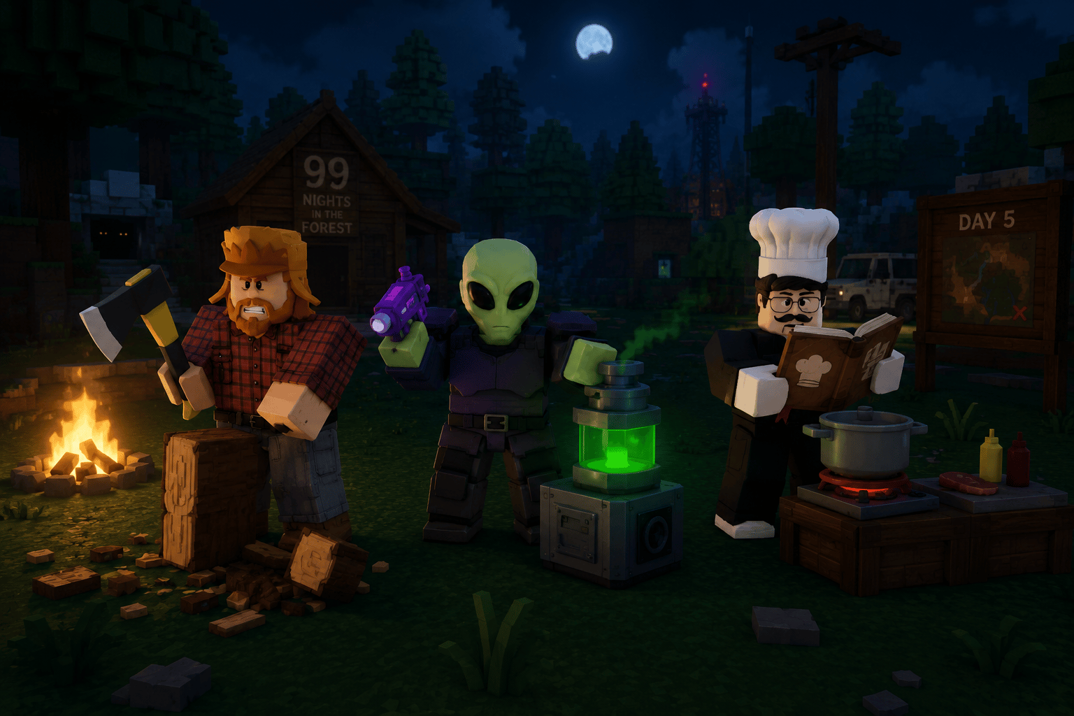 Lumberjack, Chef, and Blacksmith using their class roles in a nighttime forest camp