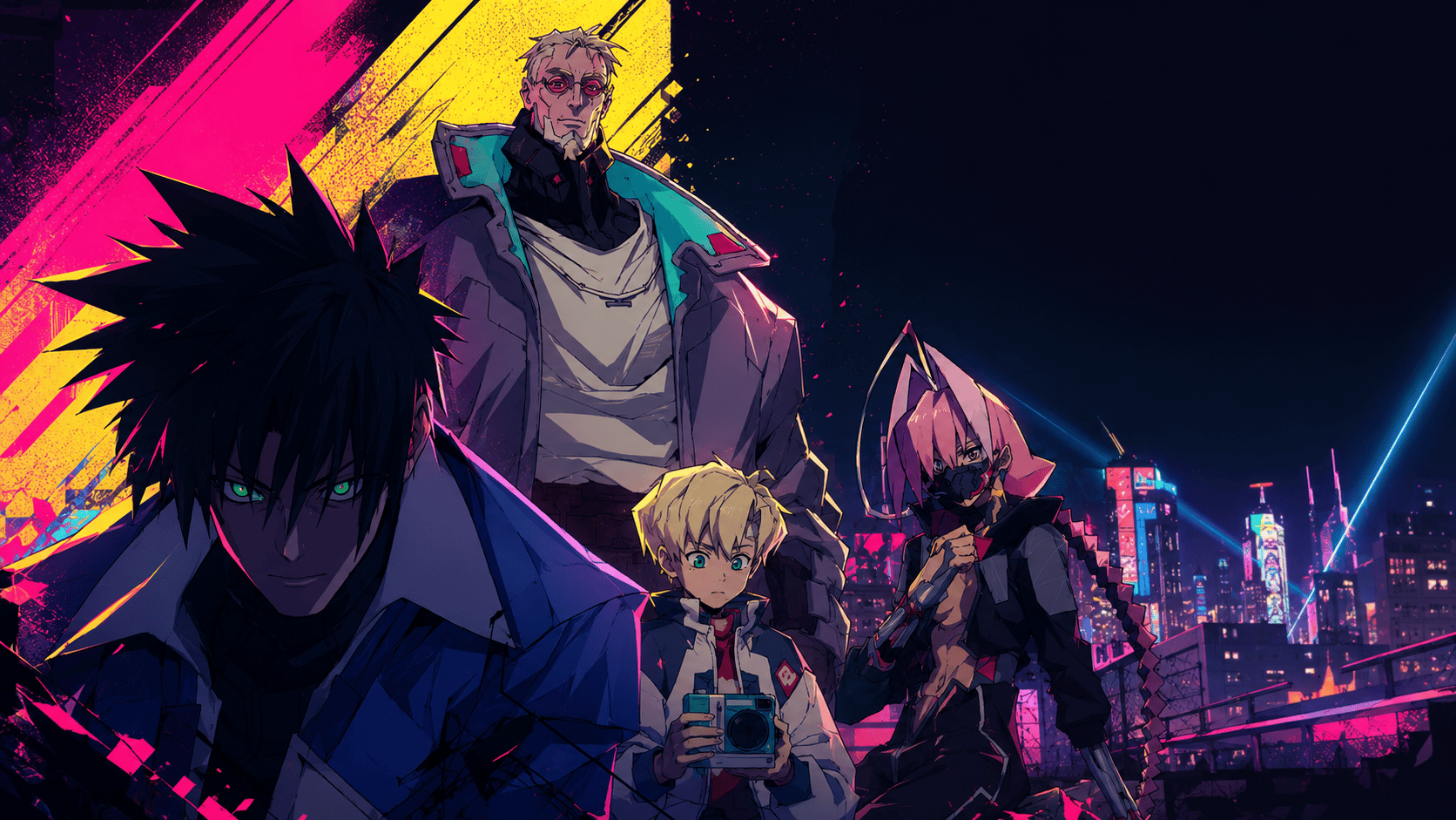 Weak, D, Roman Carax, and Talia stand together against a neon-lit Night City skyline with pink, yellow, and cyan cyberpunk lighting.