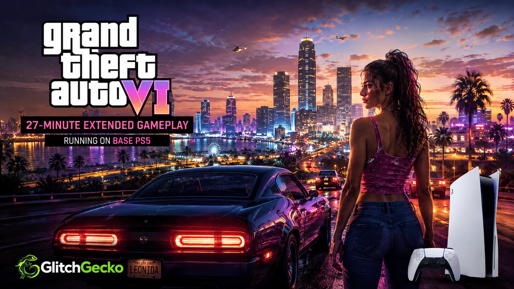 GTA 6-inspired Vice City scene at sunset with a sports car, neon skyline, palm trees, and PS5 hardware, representing Rockstar’s 27-minute extended gameplay showcase running on base PS5.