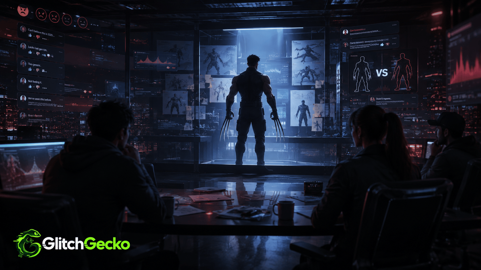 Clawed superhero silhouette in a dark game development studio surrounded by concept art, comparison screens, and critical player comments, representing the debate around Insomniac’s Wolverine gameplay.