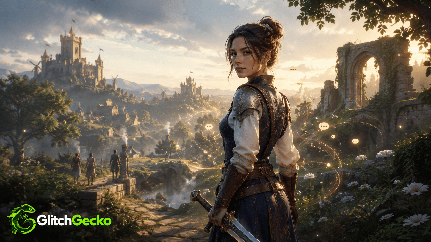 Female fantasy hero stands in a sunlit Albion landscape with castles, ruins, and subtle community discussion icons, representing Fable’s refined character visuals and improved reception ahead of Gamescom.