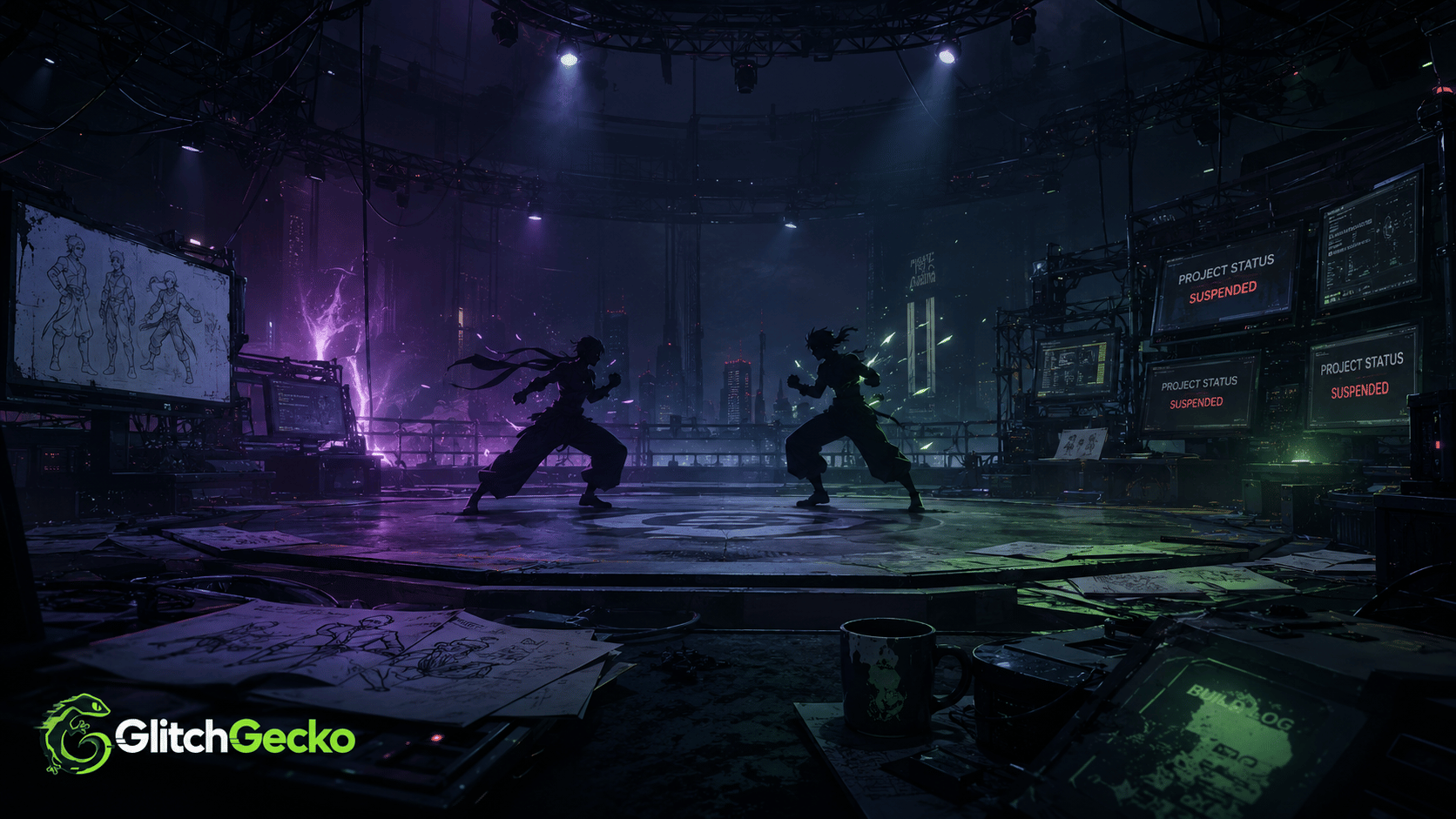 Two silhouetted fighters face off in a dark futuristic arena surrounded by development screens and concept art, representing Riot Games ending active development on 2XKO.