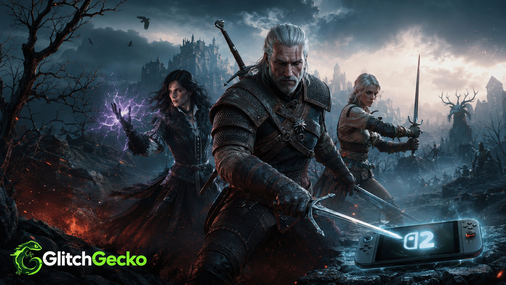 White-haired monster hunter and allies stand ready for battle in a dark fantasy landscape beside a next-generation handheld console, representing The Witcher 3 Remastered launching natively on Switch 2.