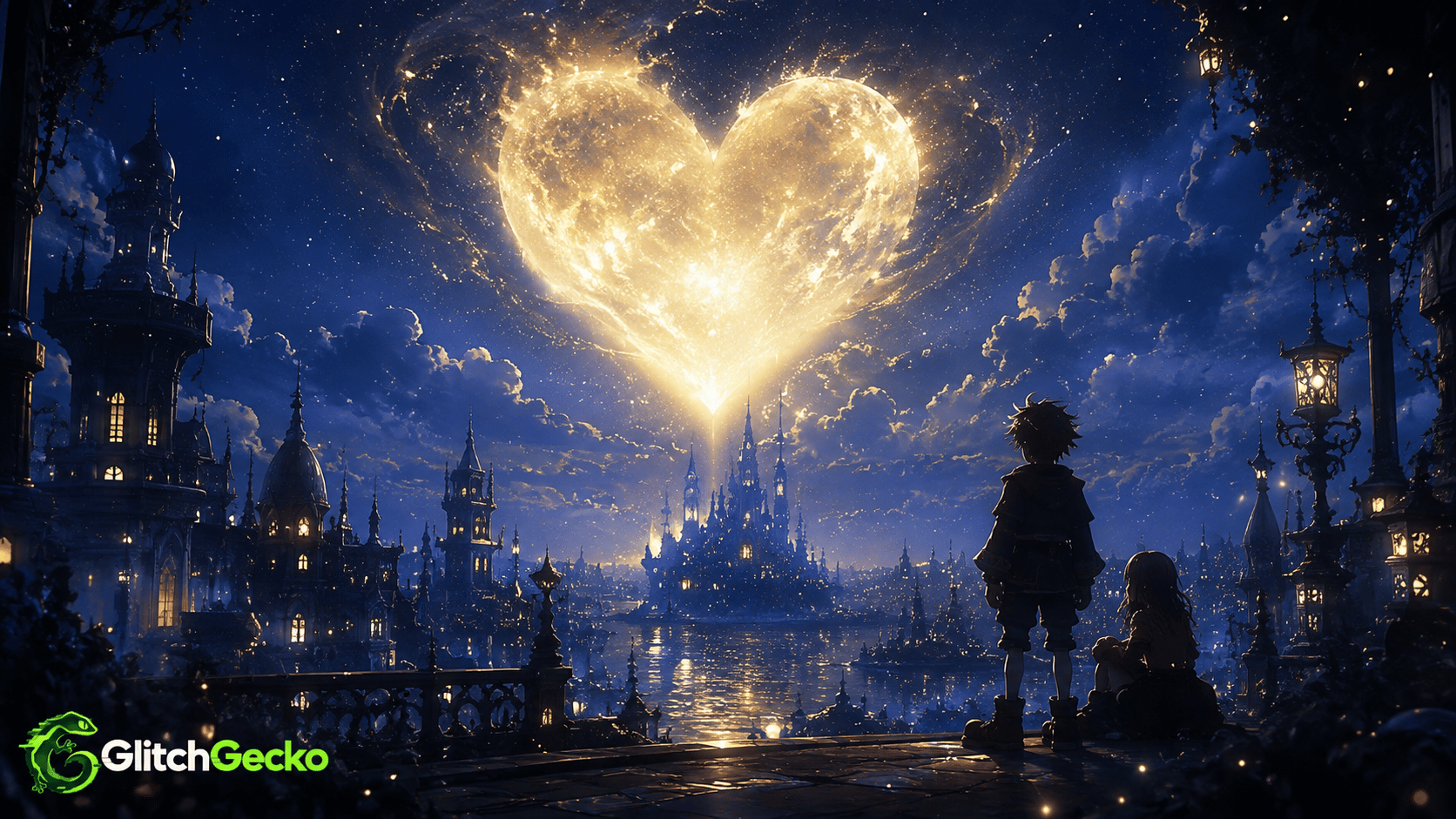 Cinematic fantasy night city beneath a glowing heart-shaped light, with two silhouetted figures overlooking the skyline and the GlitchGecko logo in the lower-left corner.