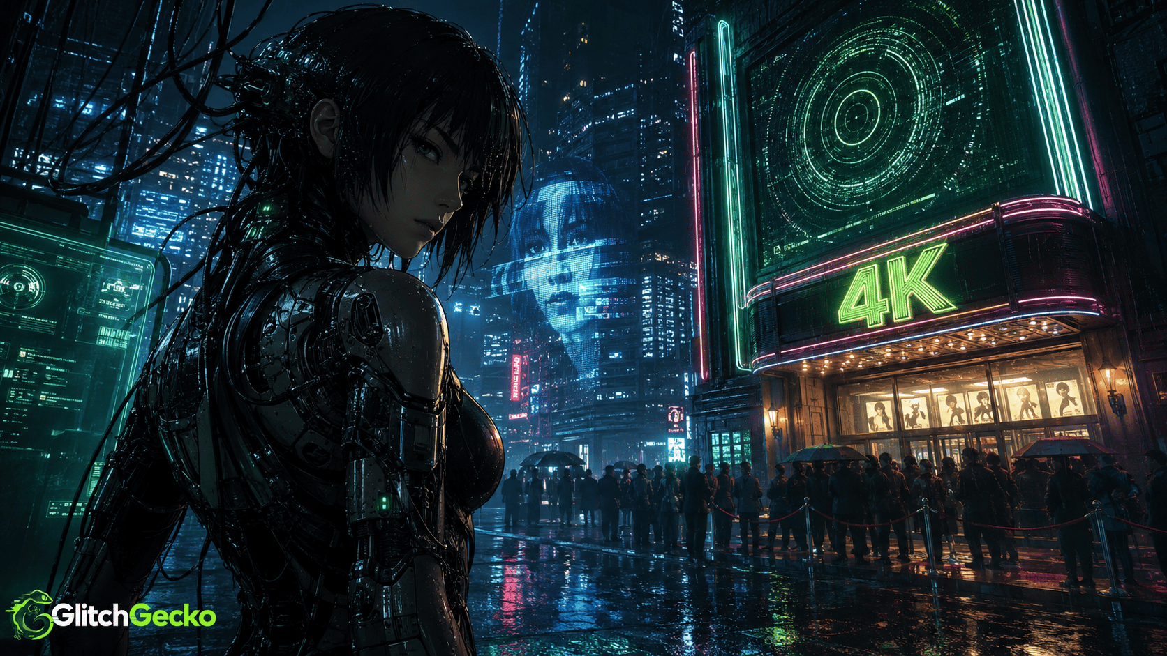 Cybernetic woman overlooks a neon-lit futuristic city and a crowded 4K theater entrance, representing Ghost in the Shell’s 30th anniversary theatrical rerelease.