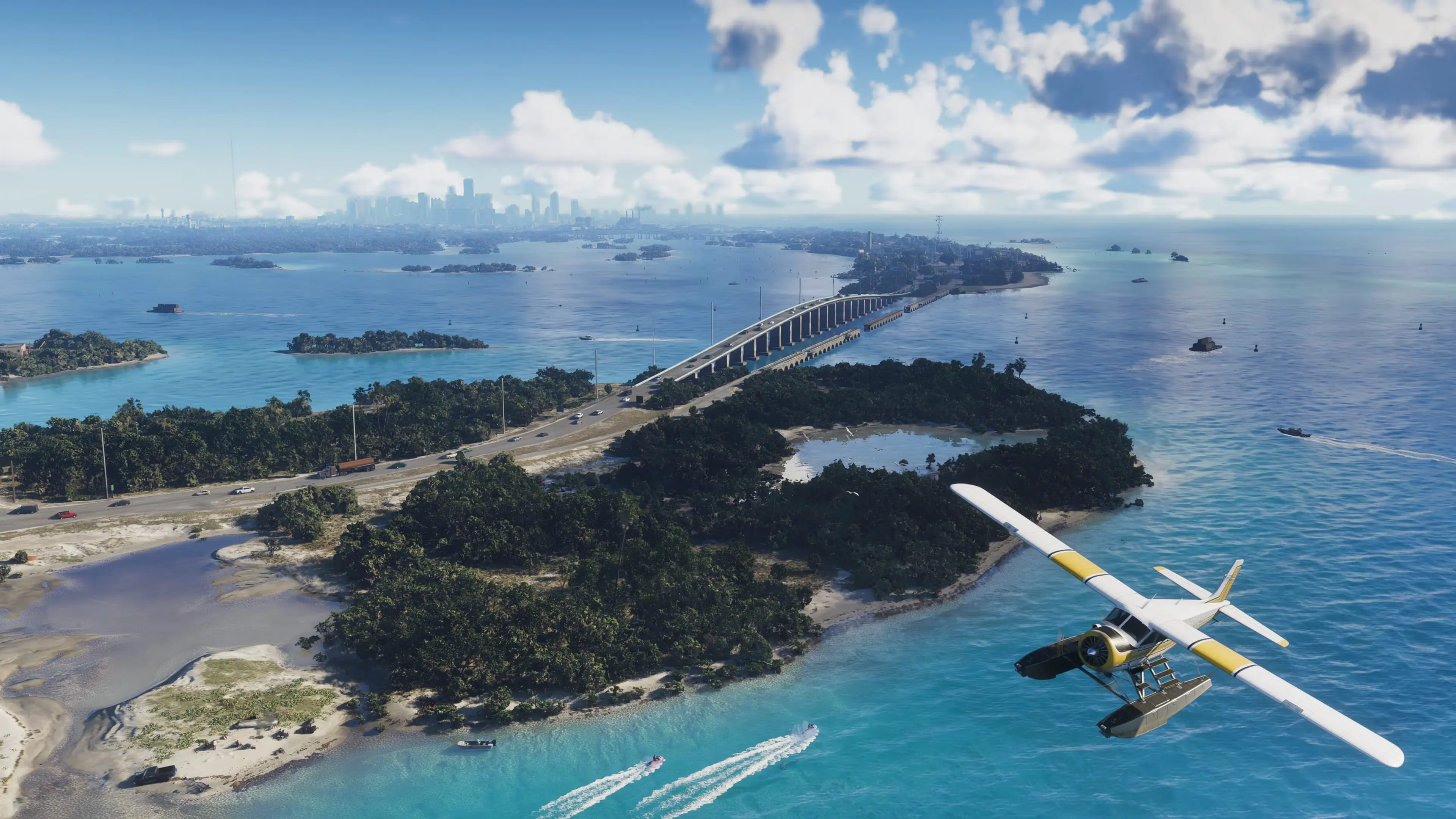 A seaplane flying over islands and highway bridges in Leonida Keys in an official GTA VI screenshot.