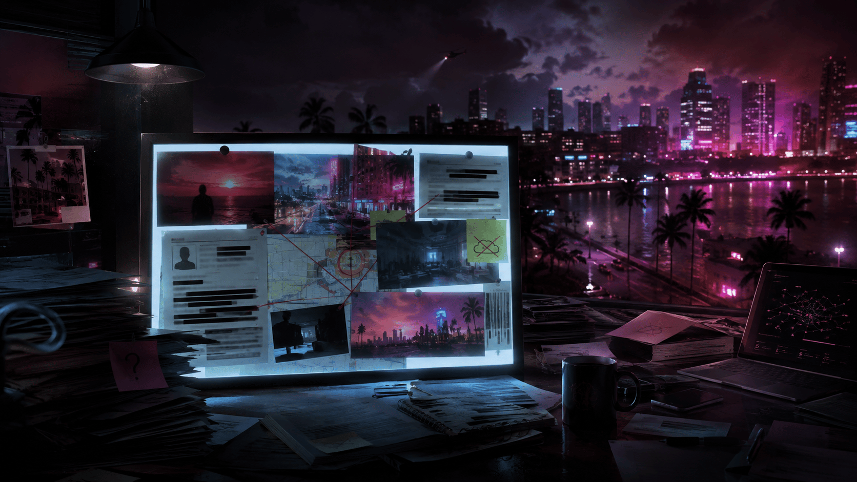 Dark investigative desk with redacted documents and pinned images overlooking a neon-lit coastal city at night.