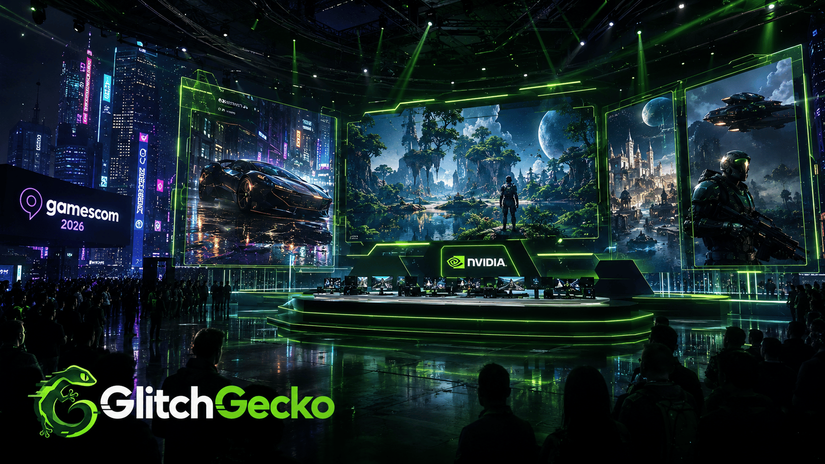 NVIDIA showcase at Gamescom 2026 with futuristic game displays, green lighting, and ray-traced visuals highlighting DLSS 4.5 Ray Reconstruction and next-generation RTX titles.