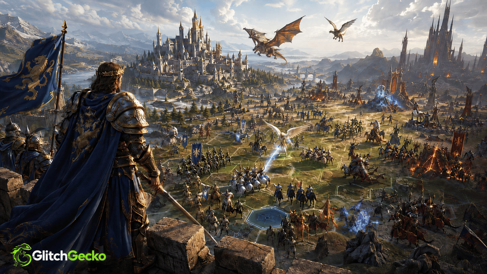 Fantasy commander overlooks a massive turn-based battlefield with armies, castles, dragons, and magical creatures, representing the Heroes of Might and Magic III remake.