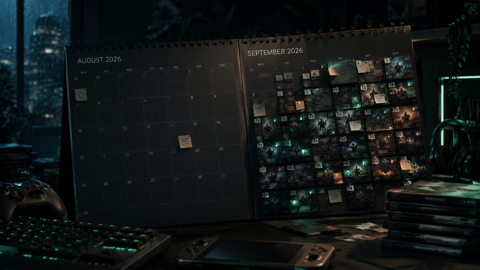 Dark gaming calendar showing a quiet August 2026 beside a packed September 2026 release schedule, surrounded by gaming gear and green ambient lighting.