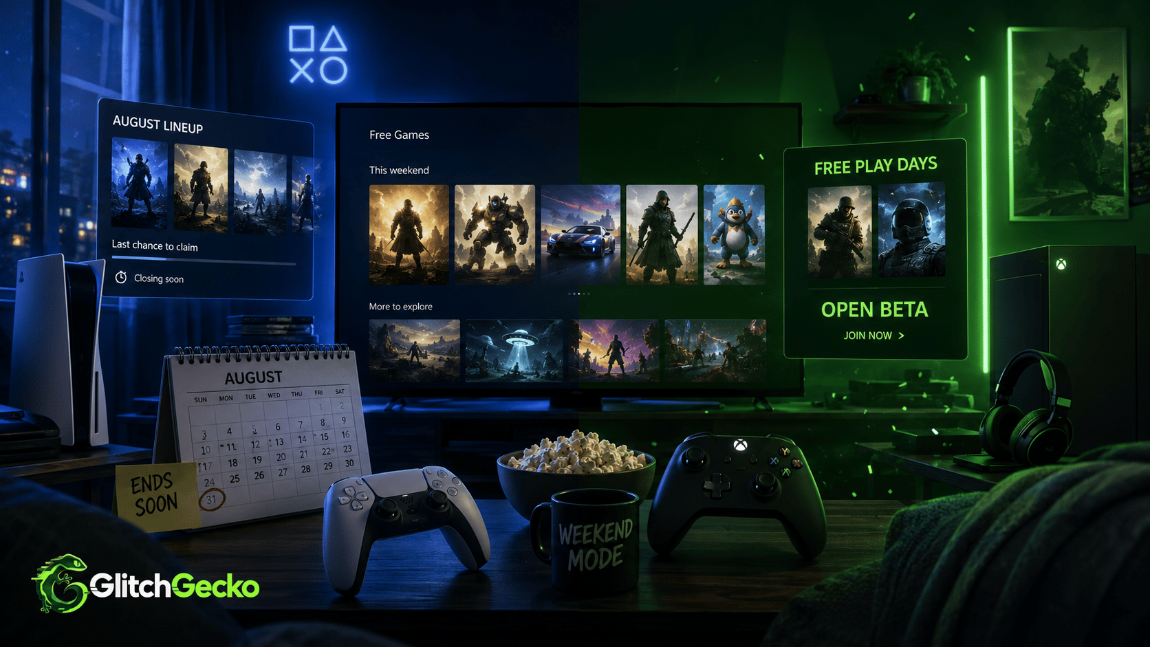 Gaming setup with PlayStation and Xbox controllers, screens highlighting free games, free play days, and an open beta, representing this weekend’s free game offers across PS Plus and Xbox.