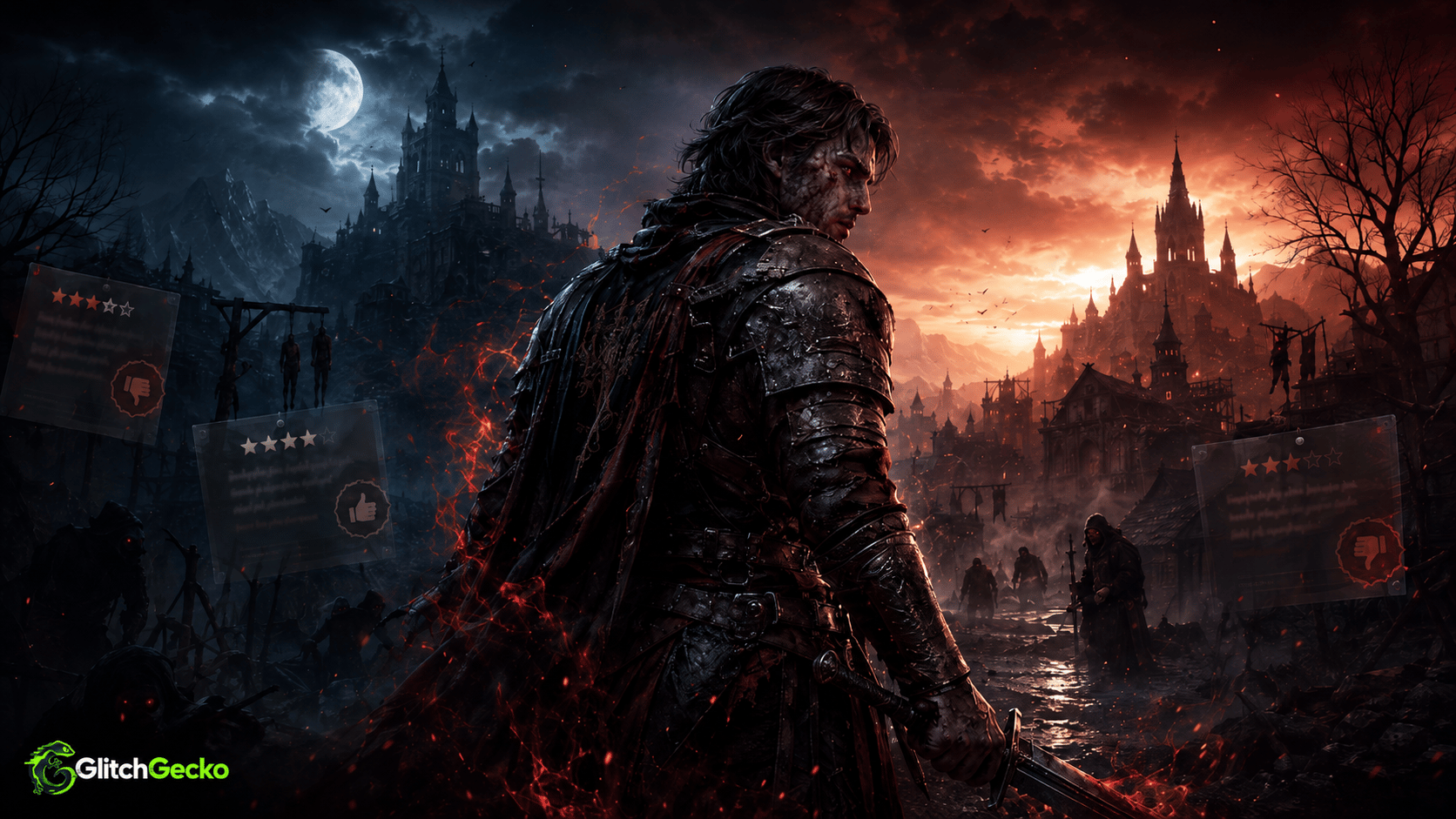 Dark fantasy warrior stands between moonlit and fiery gothic landscapes with review score panels around him, representing divided critical reception for The Blood of Dawnwalker.