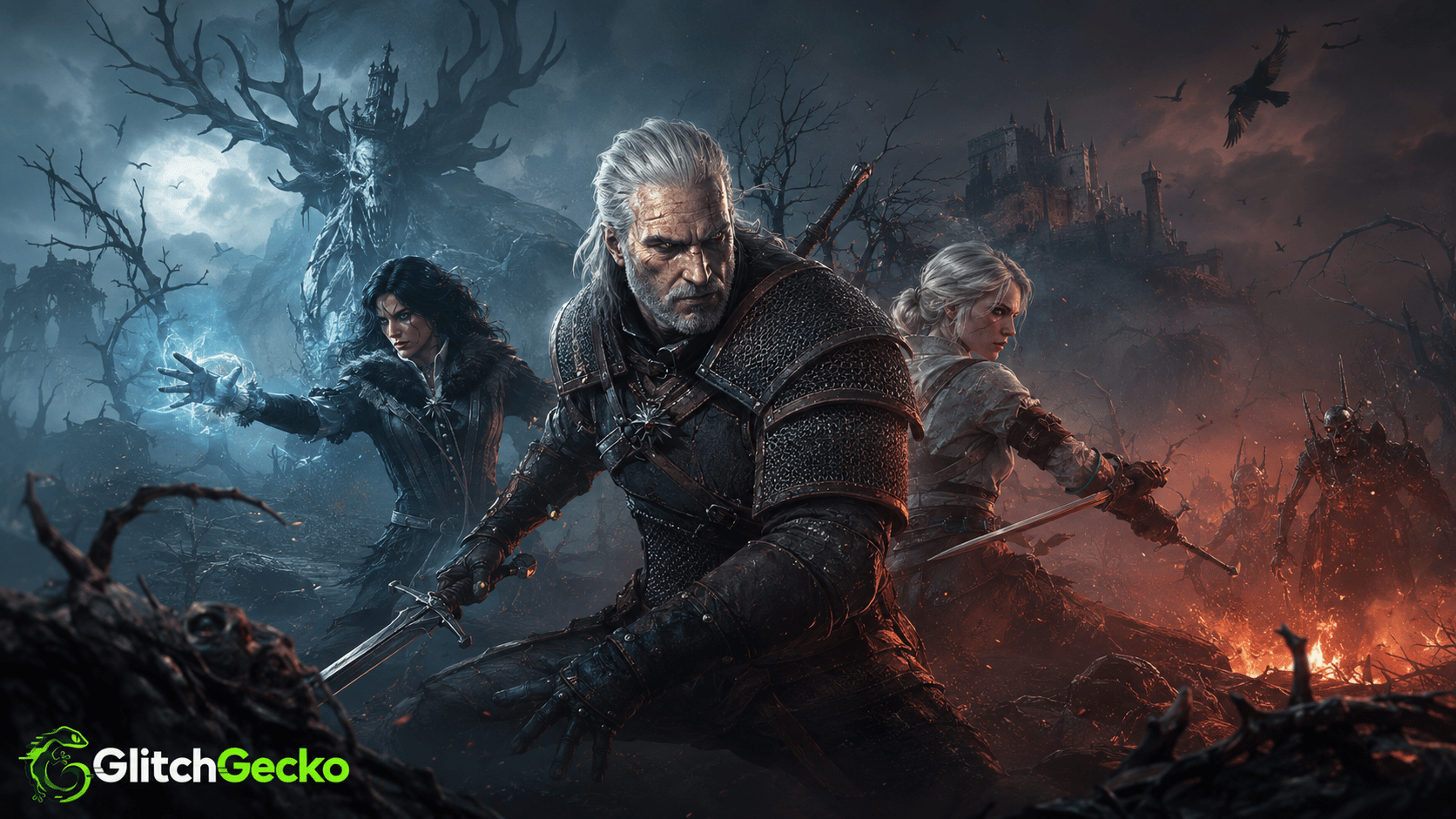 White-haired monster hunter and allies prepare for battle in a dark fantasy landscape, representing The Witcher 3 Remastered launch and upcoming 2027 DLC.