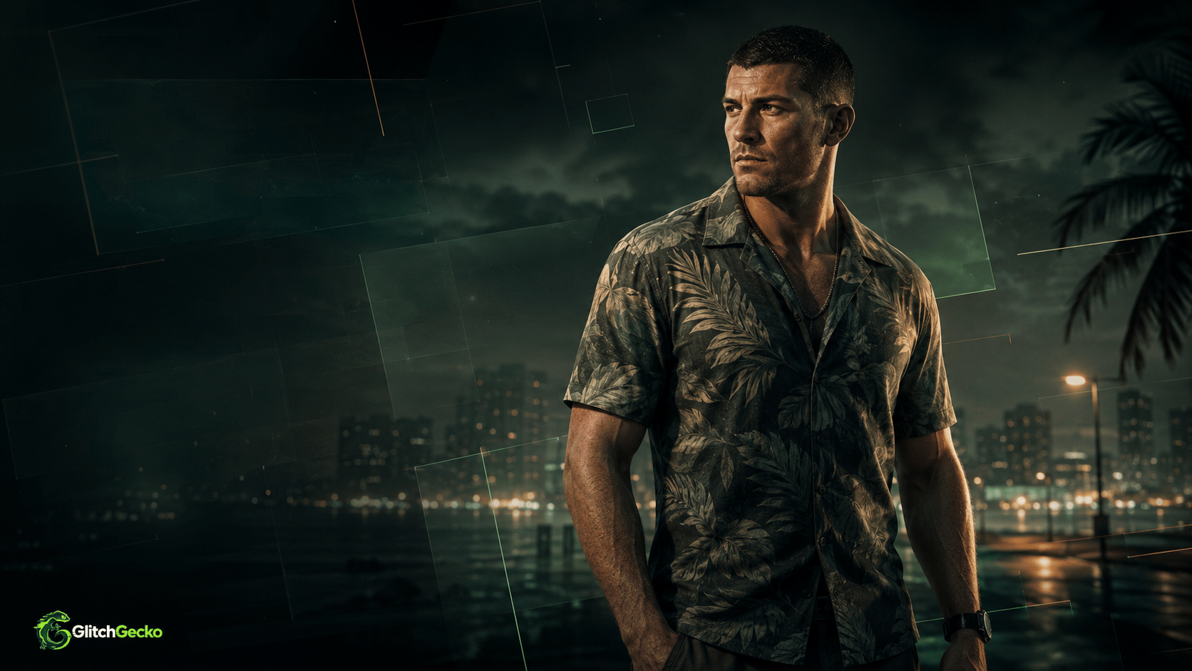 Jason Duval standing beside a green motorcycle in an official GTA VI screenshot.