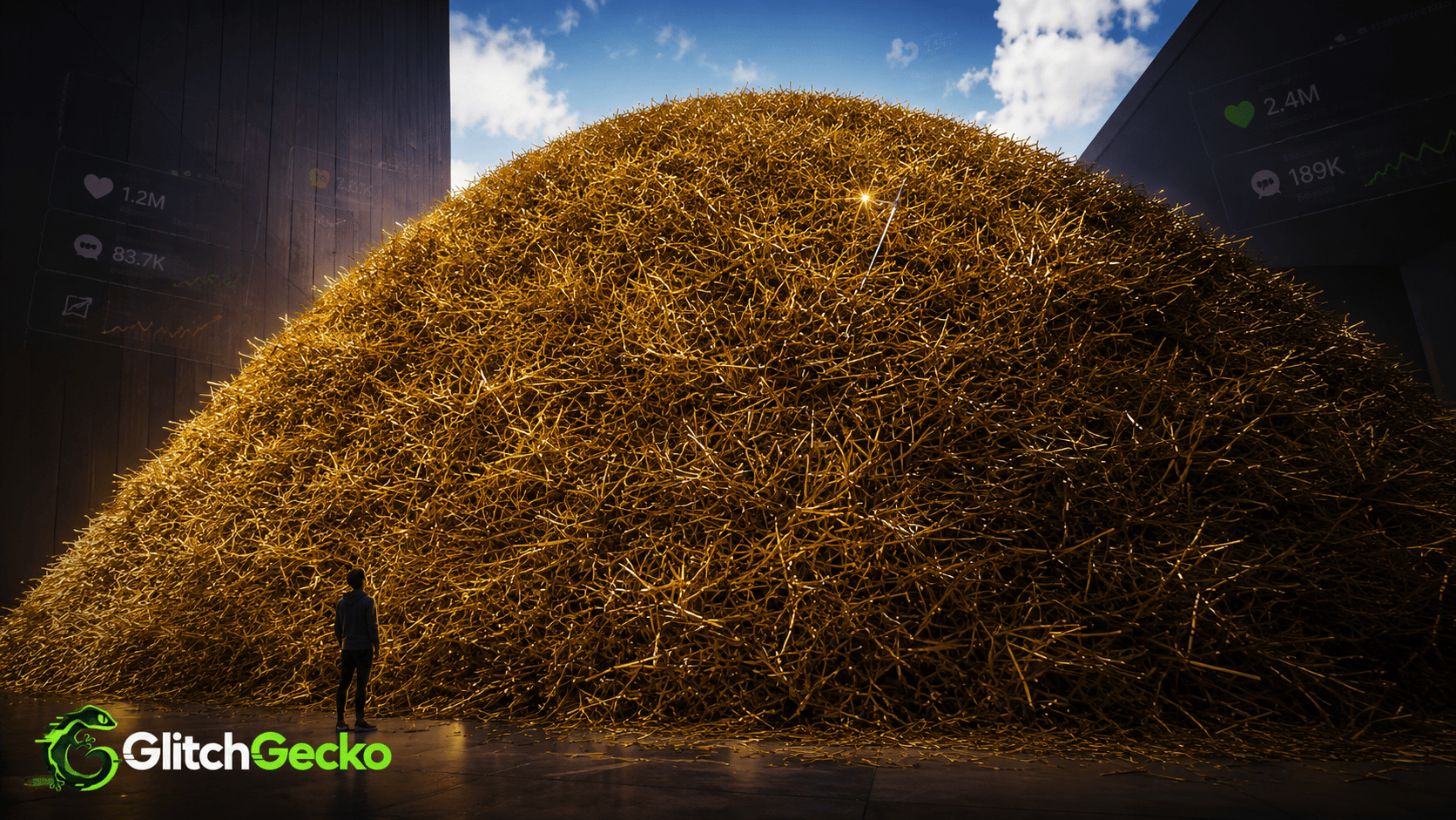 A lone player stands before an enormous pile of millions of hay pieces with a tiny needle glinting inside, representing the viral Needle in a Haystack game.