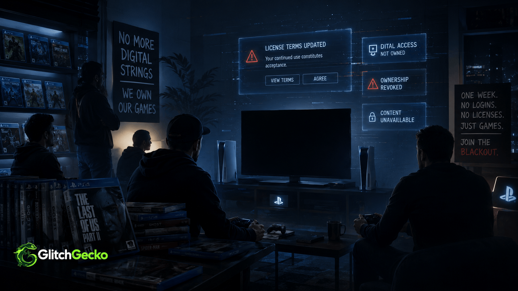 PlayStation owners gather around a darkened gaming setup with physical game cases and digital licensing warnings, representing a week-long blackout protest over physical media and ownership terms.
