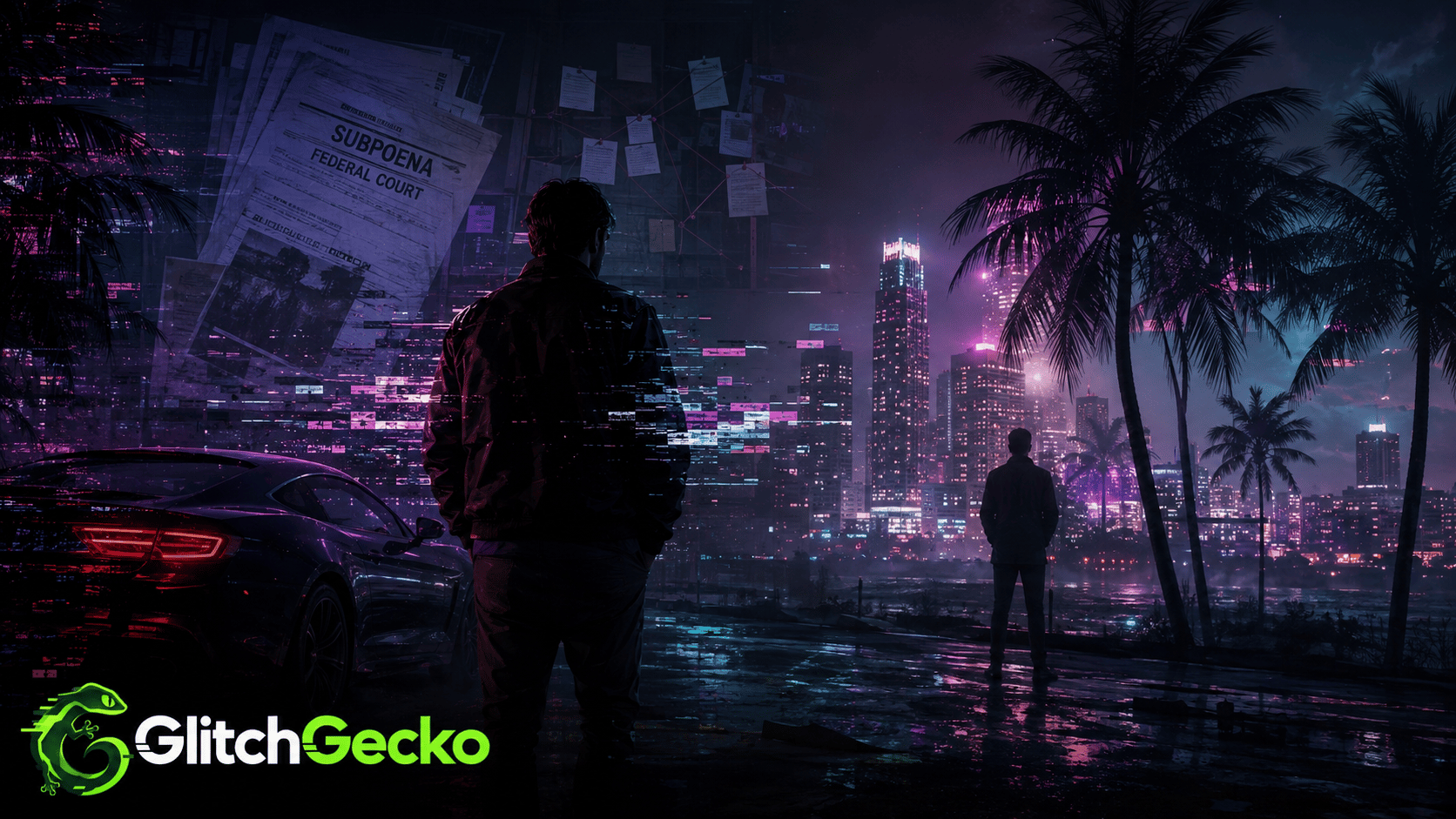 Neon-lit coastal city at night with silhouetted figures, a sports car, glitch effects, and federal subpoena documents illustrating the GTA 6 leak wave and Take-Two’s legal response.
