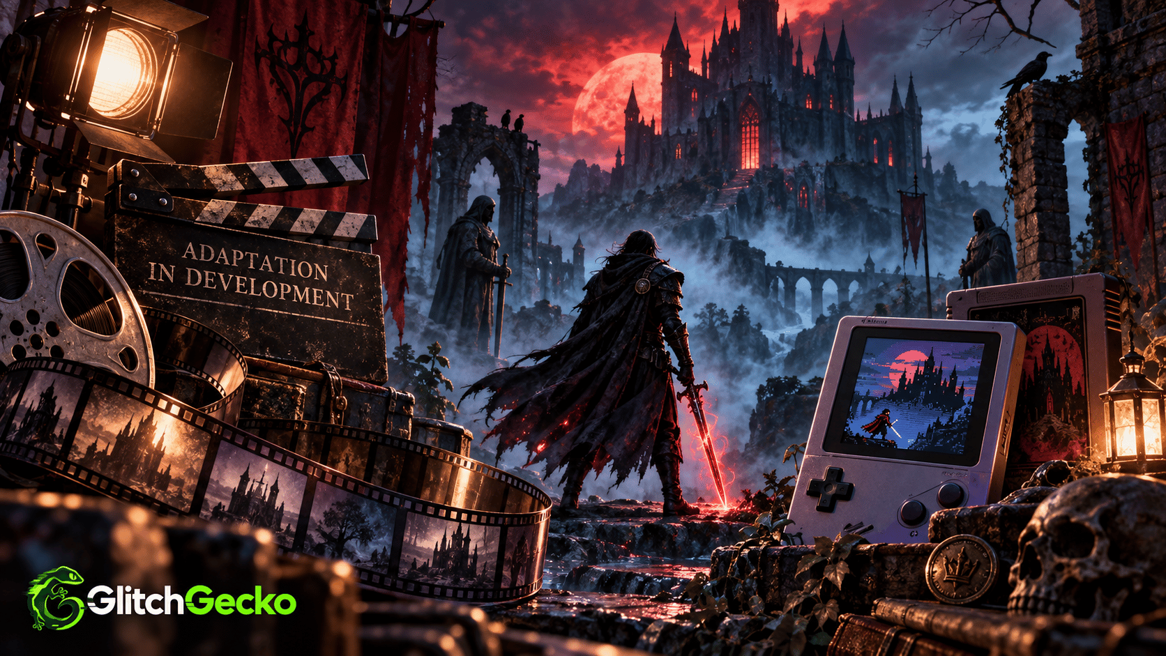 Dark fantasy warrior faces a gothic castle beneath a red moon, framed by film reels and a retro handheld console, representing Dark Legacies securing a film option and a companion game for ModRetro.