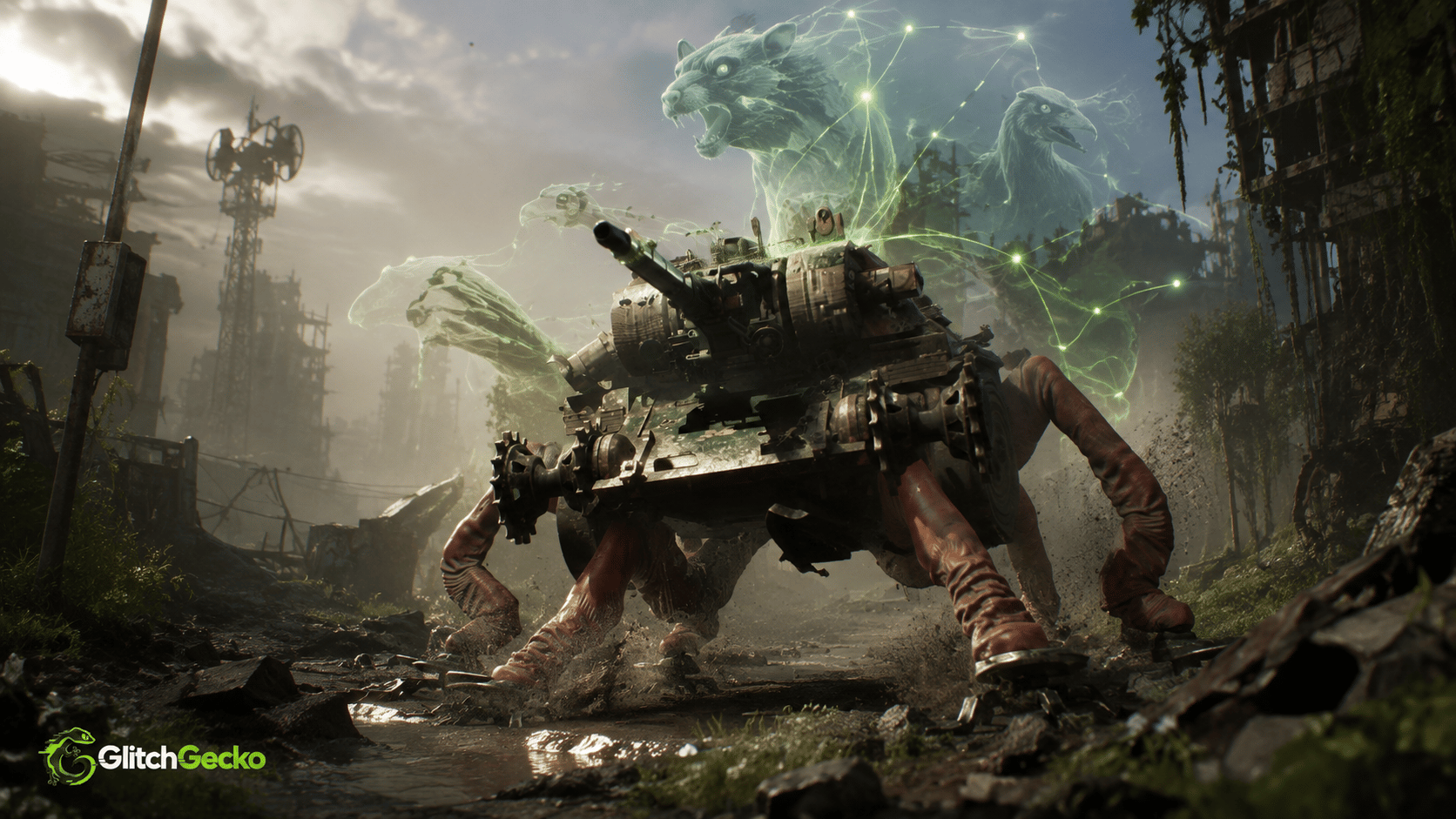 Mutated multi-legged combat vehicle advances through a ruined landscape beneath glowing spectral creatures, representing TankRat’s mind-hopping vehicular RPG concept.