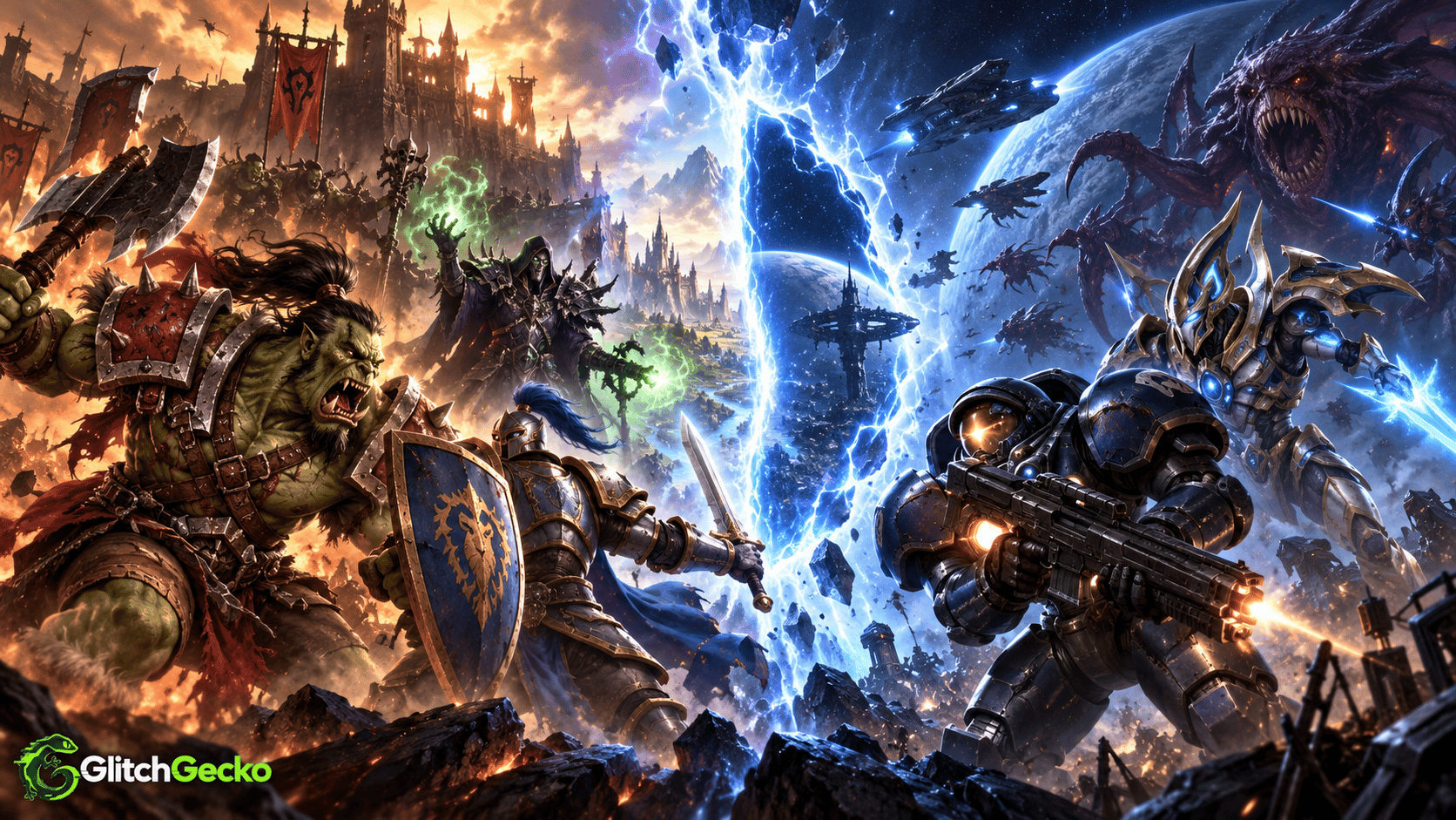 Warcraft-style fantasy warriors clash on one side while futuristic StarCraft-inspired soldiers and alien forces battle on the other, representing Blizzard’s new Warcraft 3 campaign and confirmed StarCraft revival.