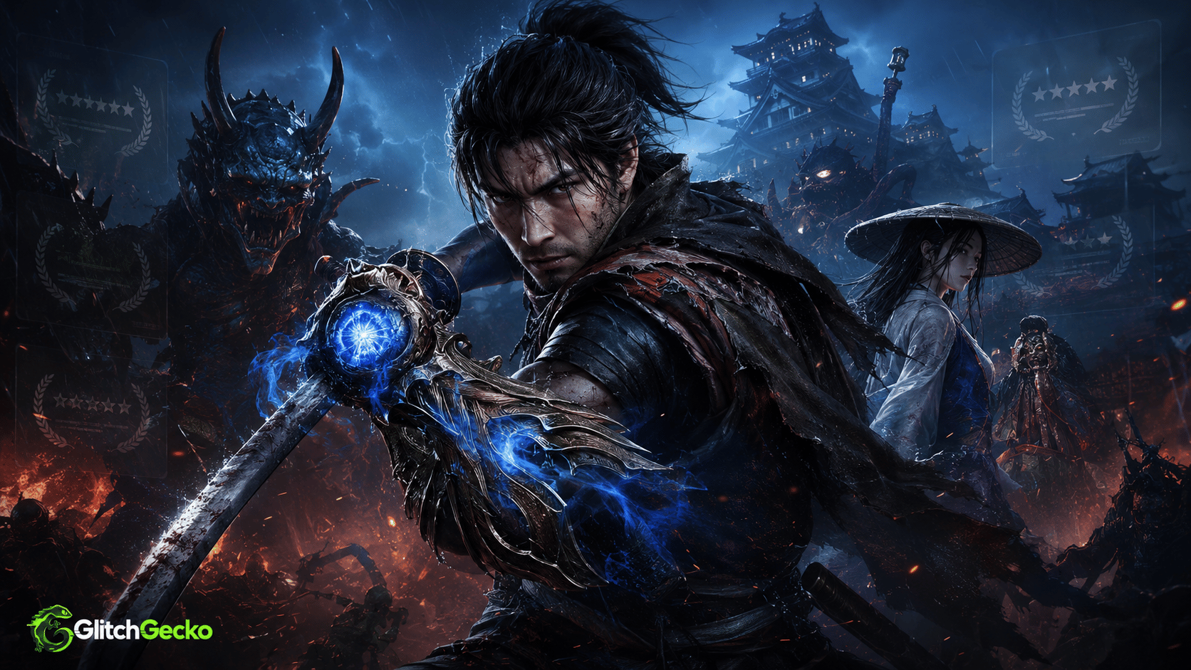 Samurai warrior with a glowing blue Oni gauntlet faces demonic enemies before a stormy Japanese castle, representing the acclaimed return of Onimusha: Way of the Sword.