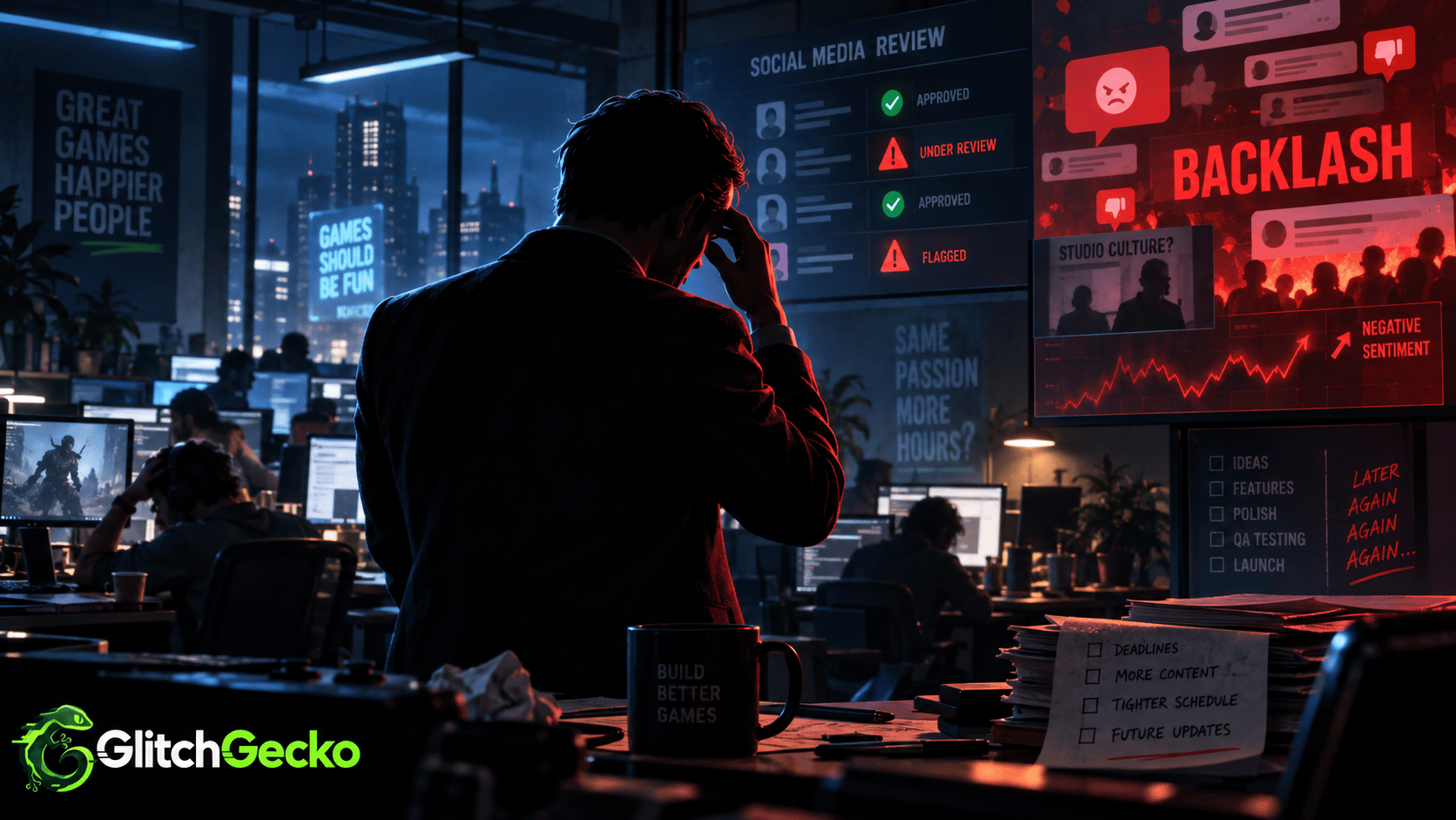 Game studio executive stands in a late-night office surrounded by social media screening dashboards, employee workstations, and red backlash alerts, representing criticism over hiring practices and studio crunch.