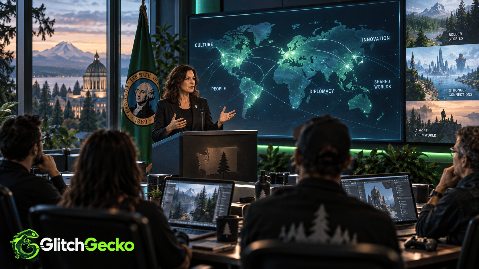 Washington State official addresses game developers beside a world map linking culture, diplomacy, and shared virtual worlds, illustrating video games as a form of geopolitical soft power.