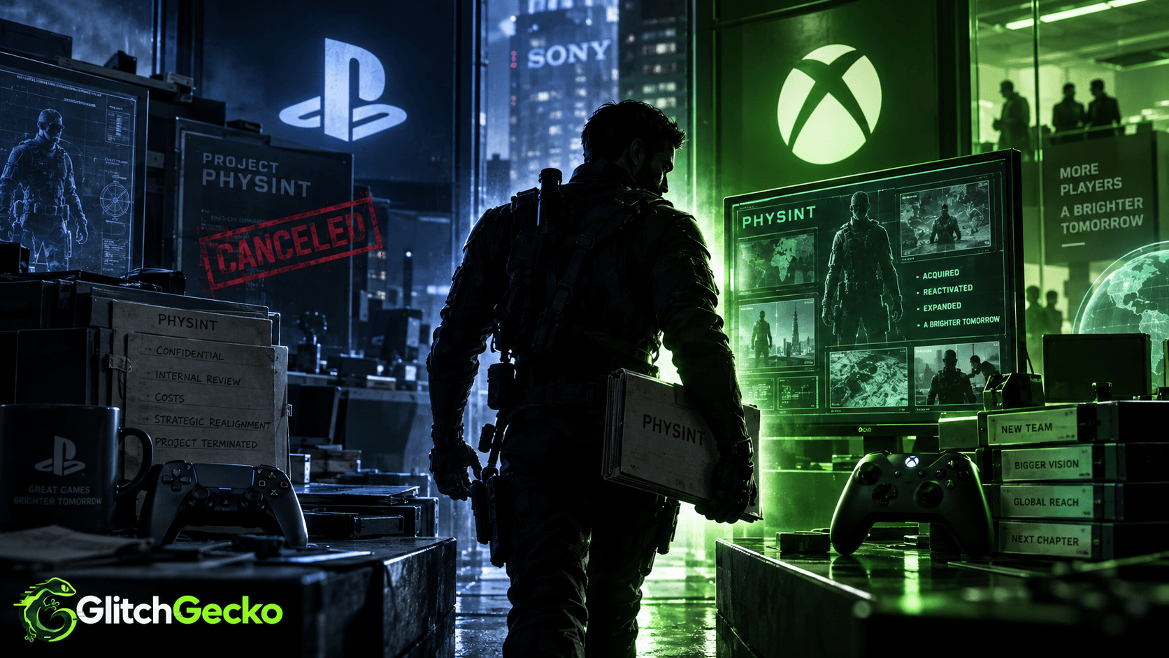 Cinematic split scene with PlayStation branding and a canceled Physint project on one side, and Xbox taking over the project on the other.