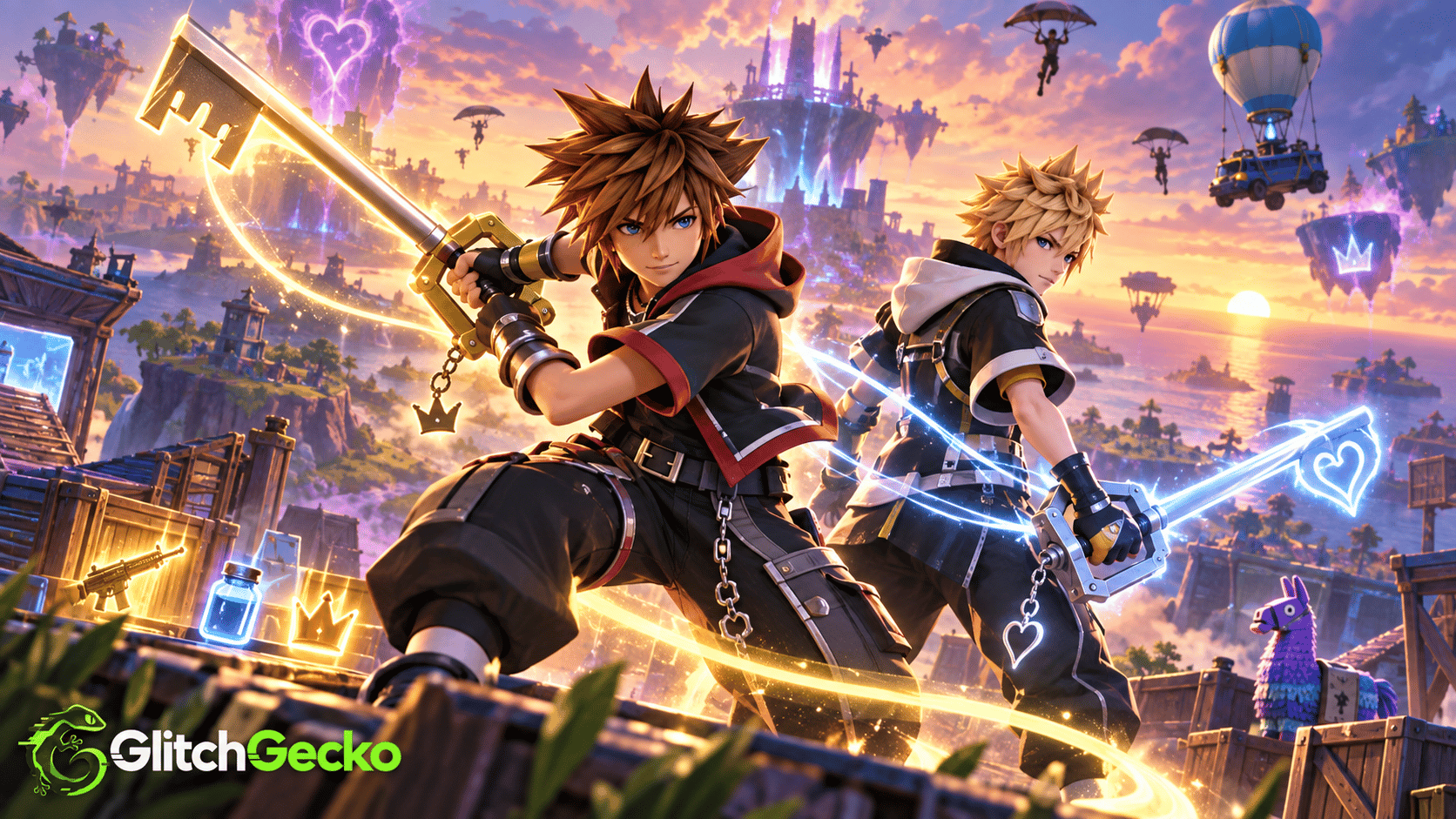 Sora and Roxas wield glowing Keyblades on a colorful Fortnite-style island battlefield, representing the teased Kingdom Hearts crossover and Keyblade cosmetics.