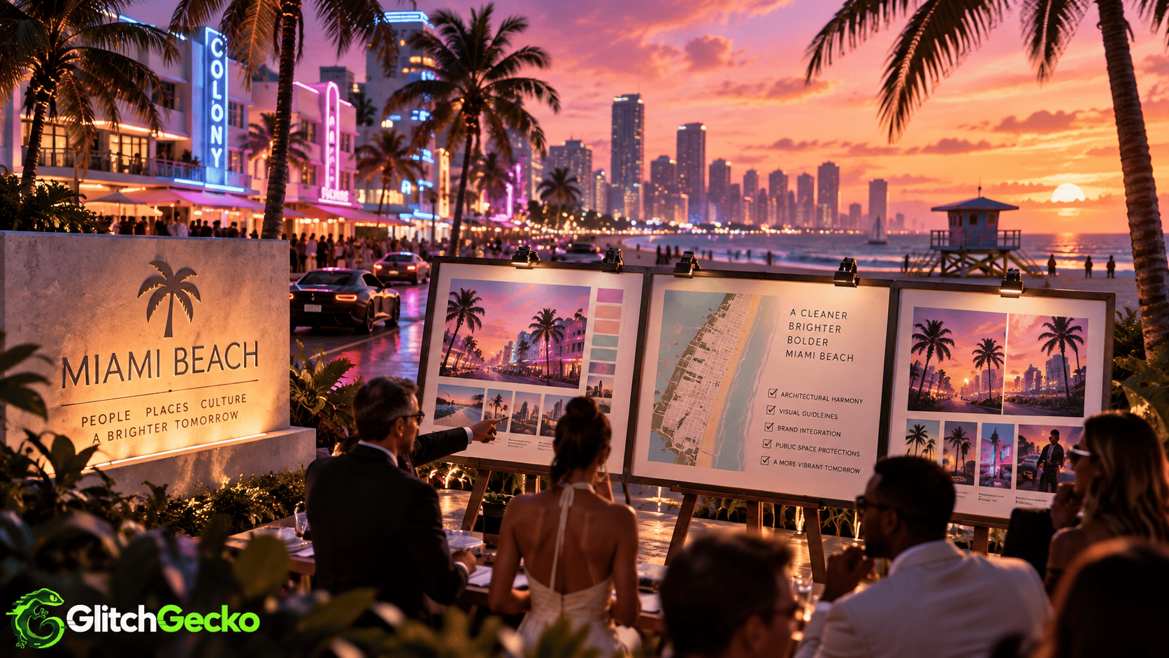 Miami Beach at sunset with neon-lit Art Deco buildings and officials reviewing visual guidelines, representing the city’s multimillion-dollar GTA 6 marketing deal under strict aesthetic rules.