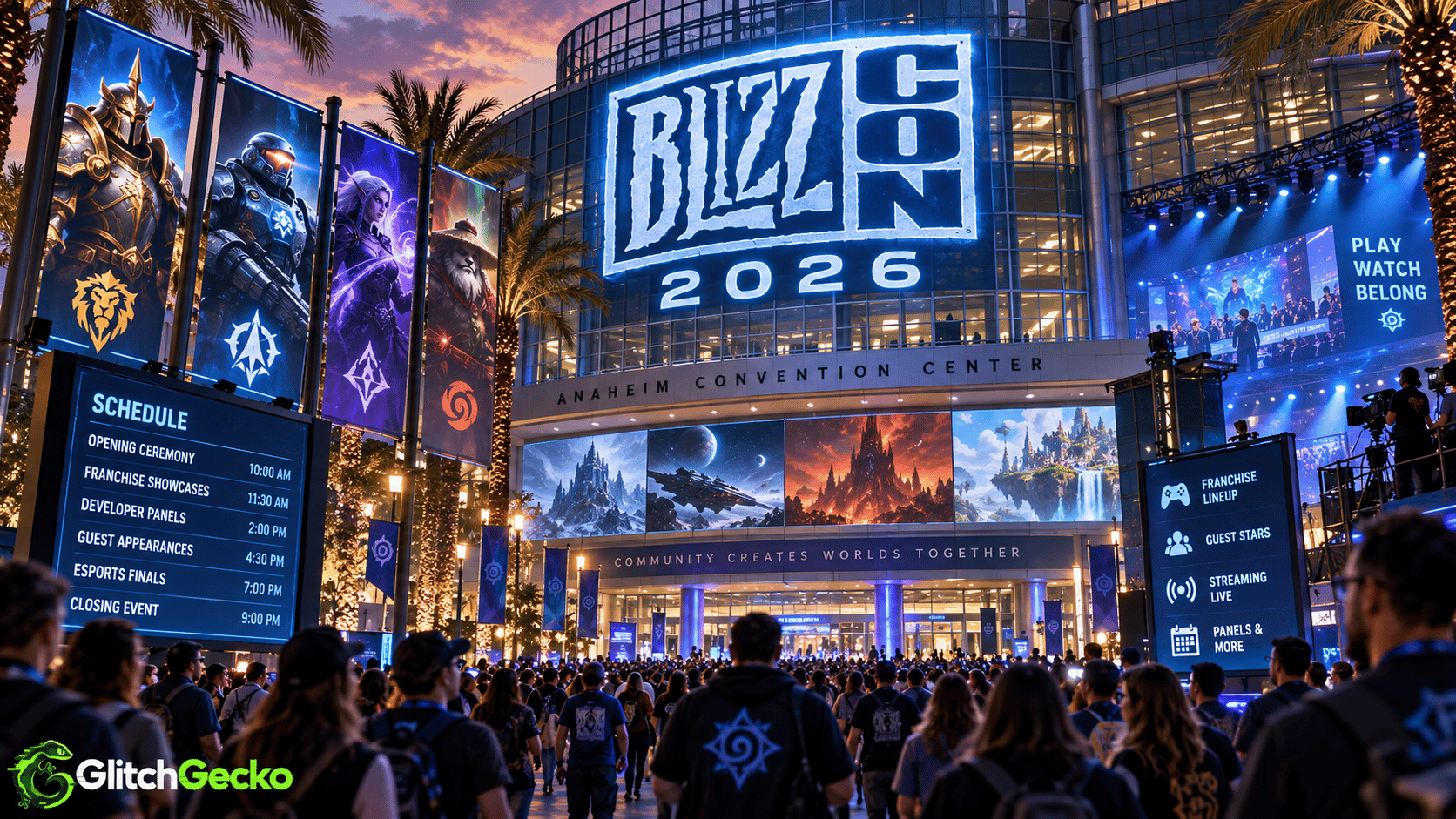 Crowds gather outside the Anaheim Convention Center for BlizzCon 2026, surrounded by franchise banners, schedule displays, guest programming, and live streaming signage.