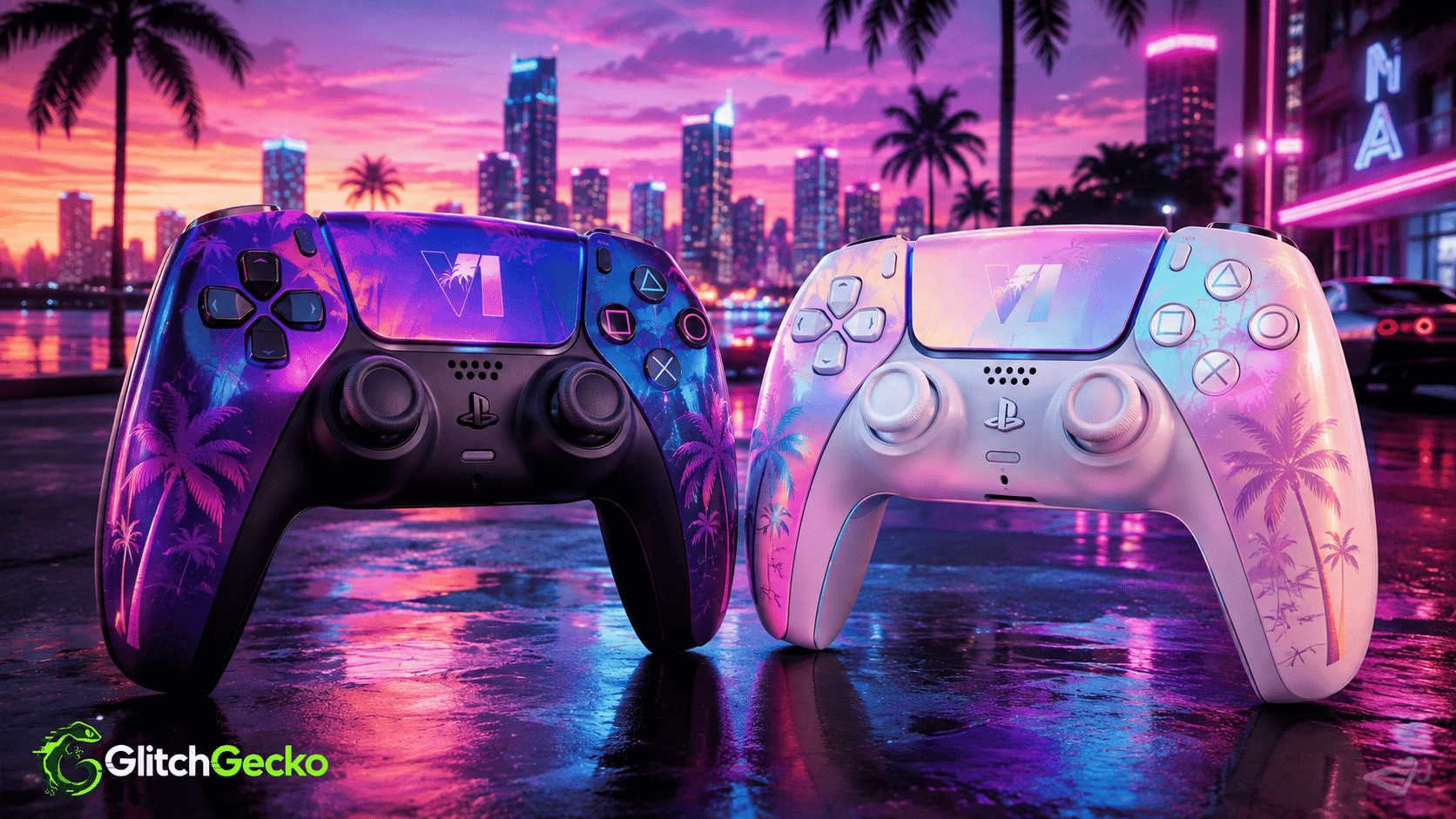 Two limited-edition PS5 DualSense controllers inspired by GTA 6 sit against a neon Vice City-style skyline, with black and white designs featuring palm tree details and color-shifting finishes.