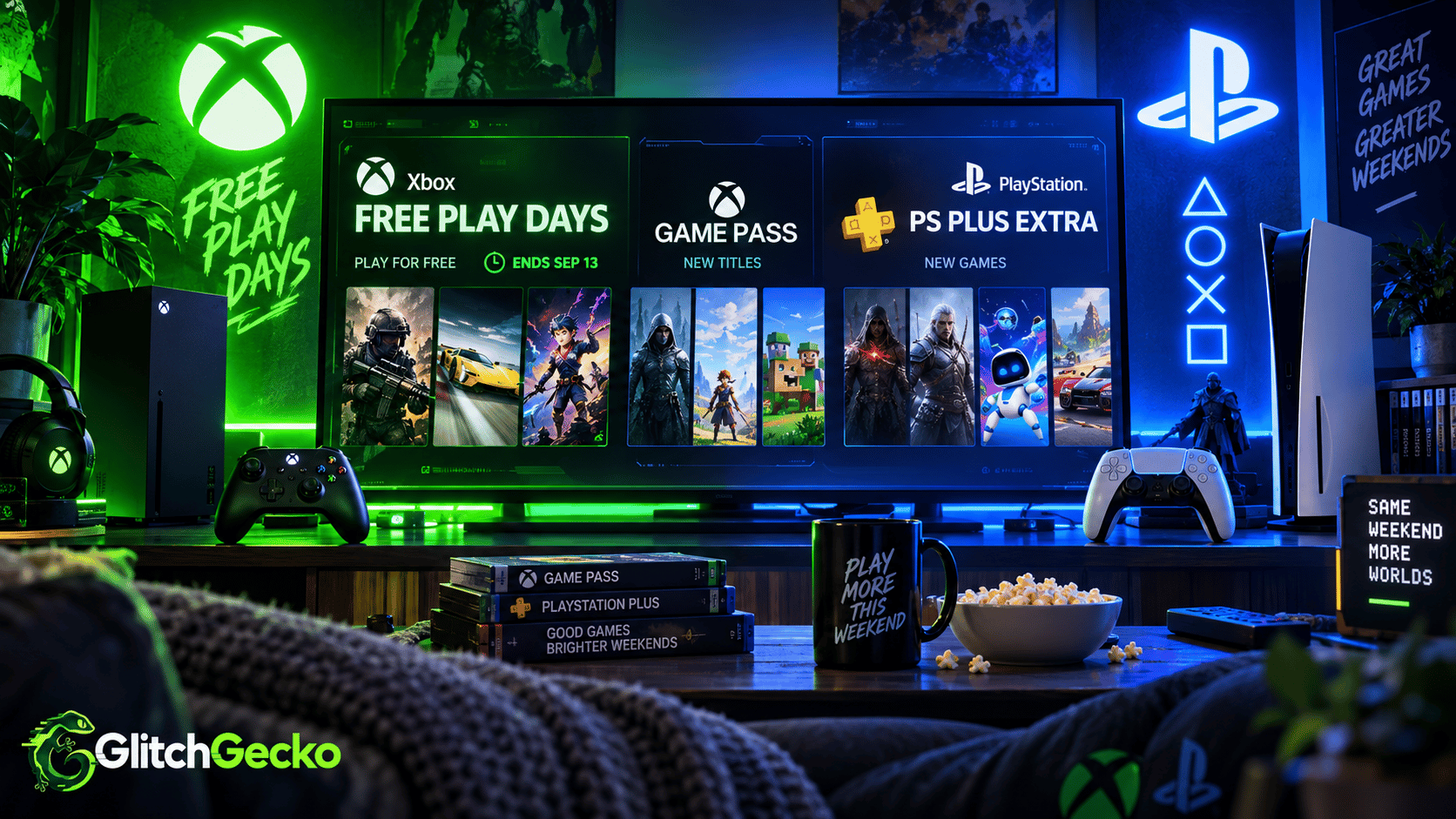 Gaming setup split between Xbox and PlayStation, highlighting Free Play Days ending September 13 alongside new Game Pass and PS Plus Extra titles.