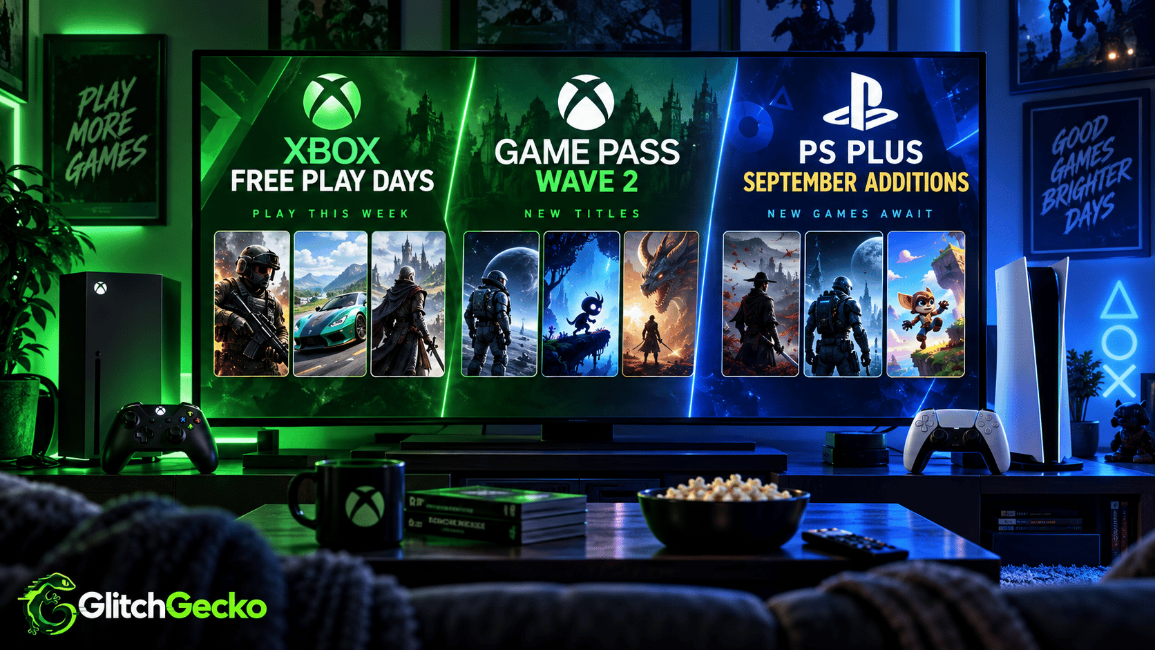Gaming setup highlighting Xbox Free Play Days, Game Pass Wave 2, and PlayStation Plus September additions across green and blue console displays.