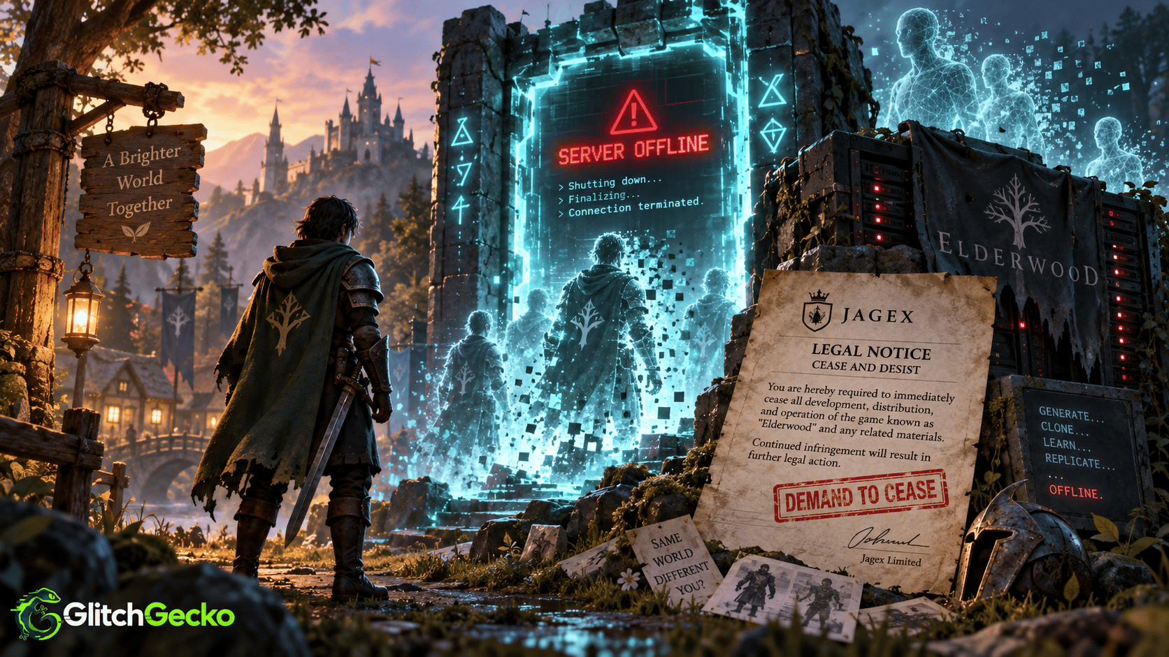 Fantasy RPG world shuts down behind a glowing server-offline portal and legal cease-and-desist notice, representing the AI-made Elderwood RuneScape clone being forced offline by Jagex.