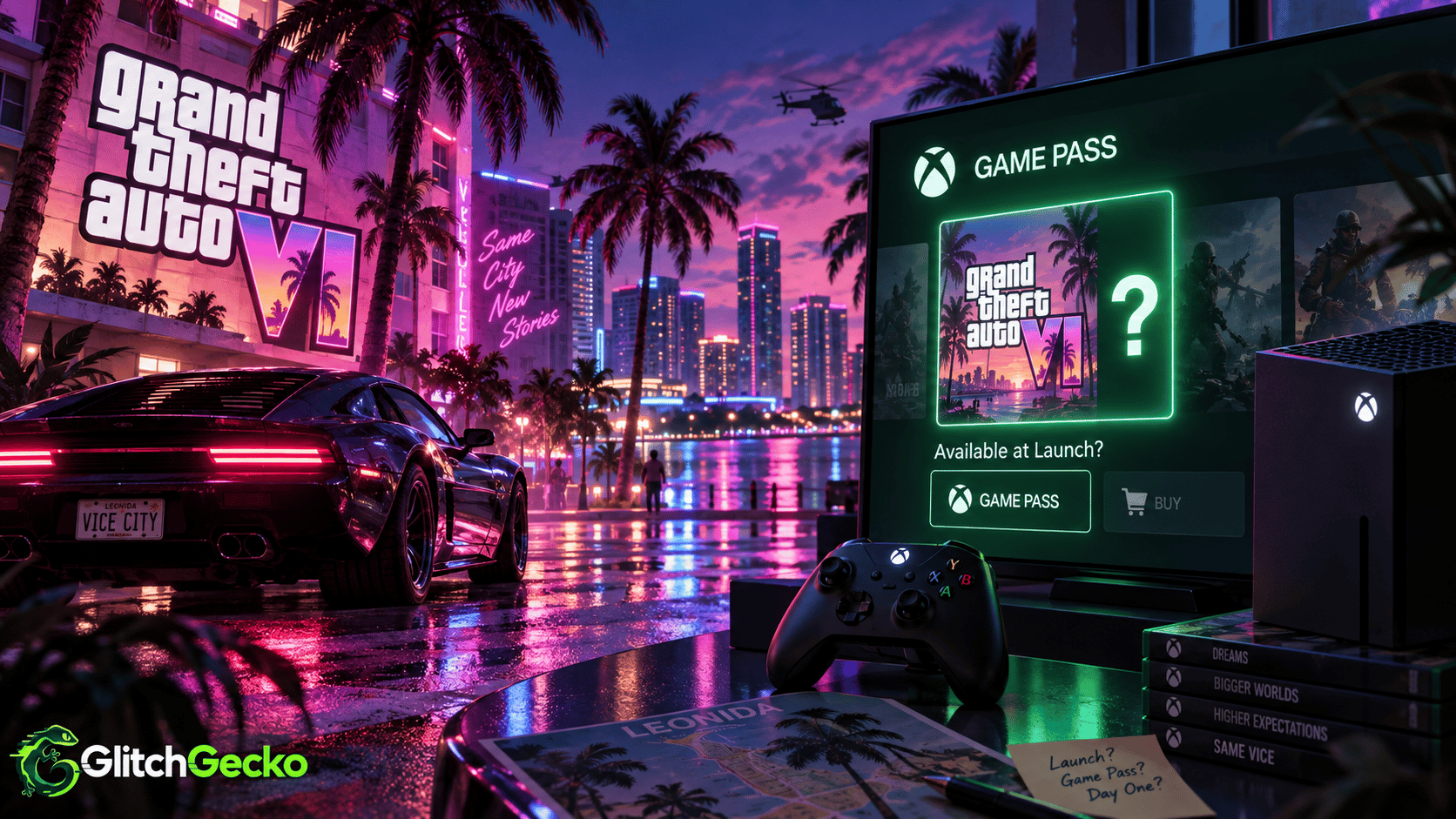 GTA 6-inspired Vice City scene beside an Xbox Game Pass screen showing a question mark, representing uncertainty over whether the game will launch on Game Pass.