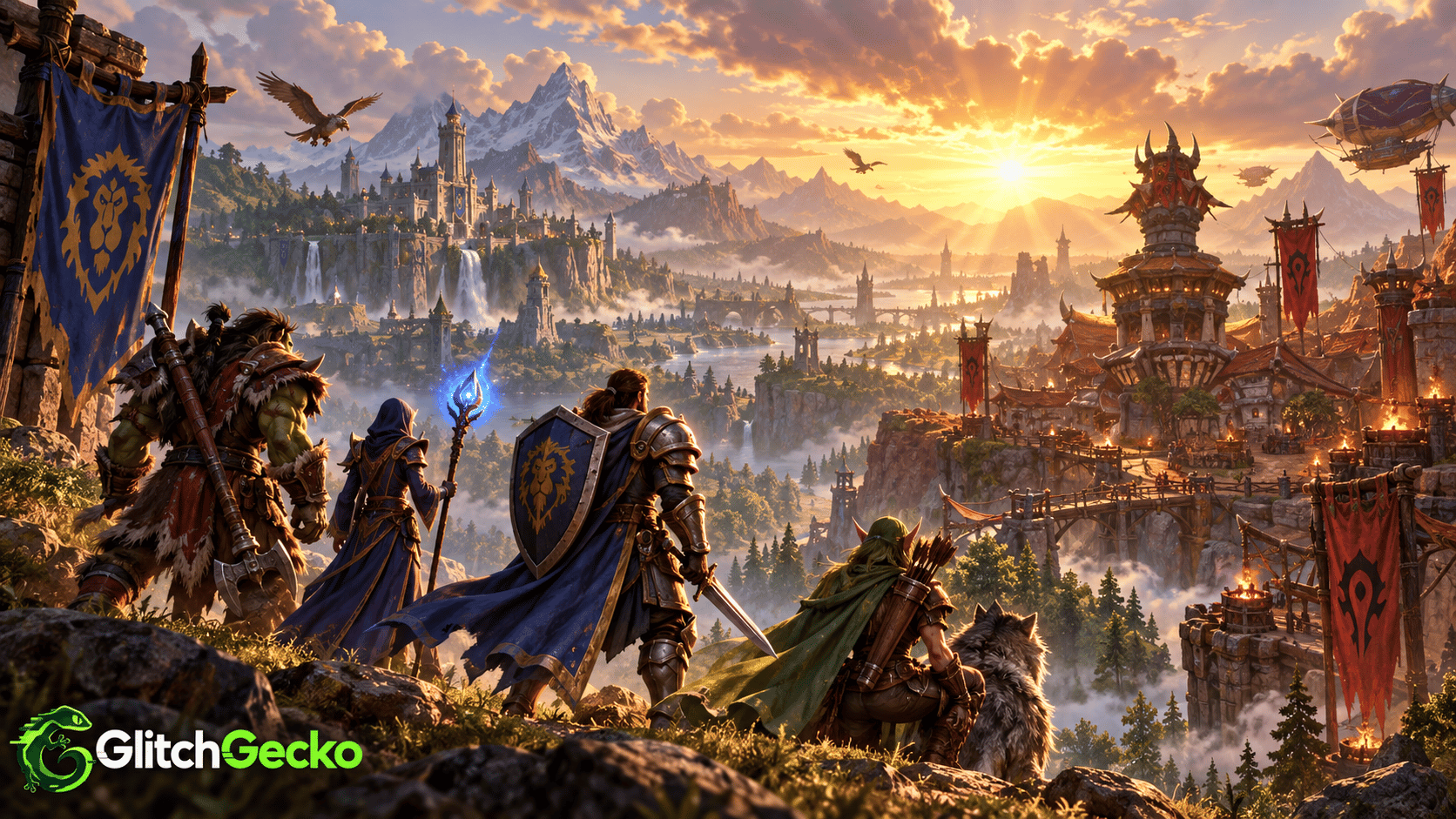 Heroes from the Alliance and Horde overlook a vast fantasy world at sunrise, representing World of Warcraft: Forever as Blizzard’s official Classic+ experience.
