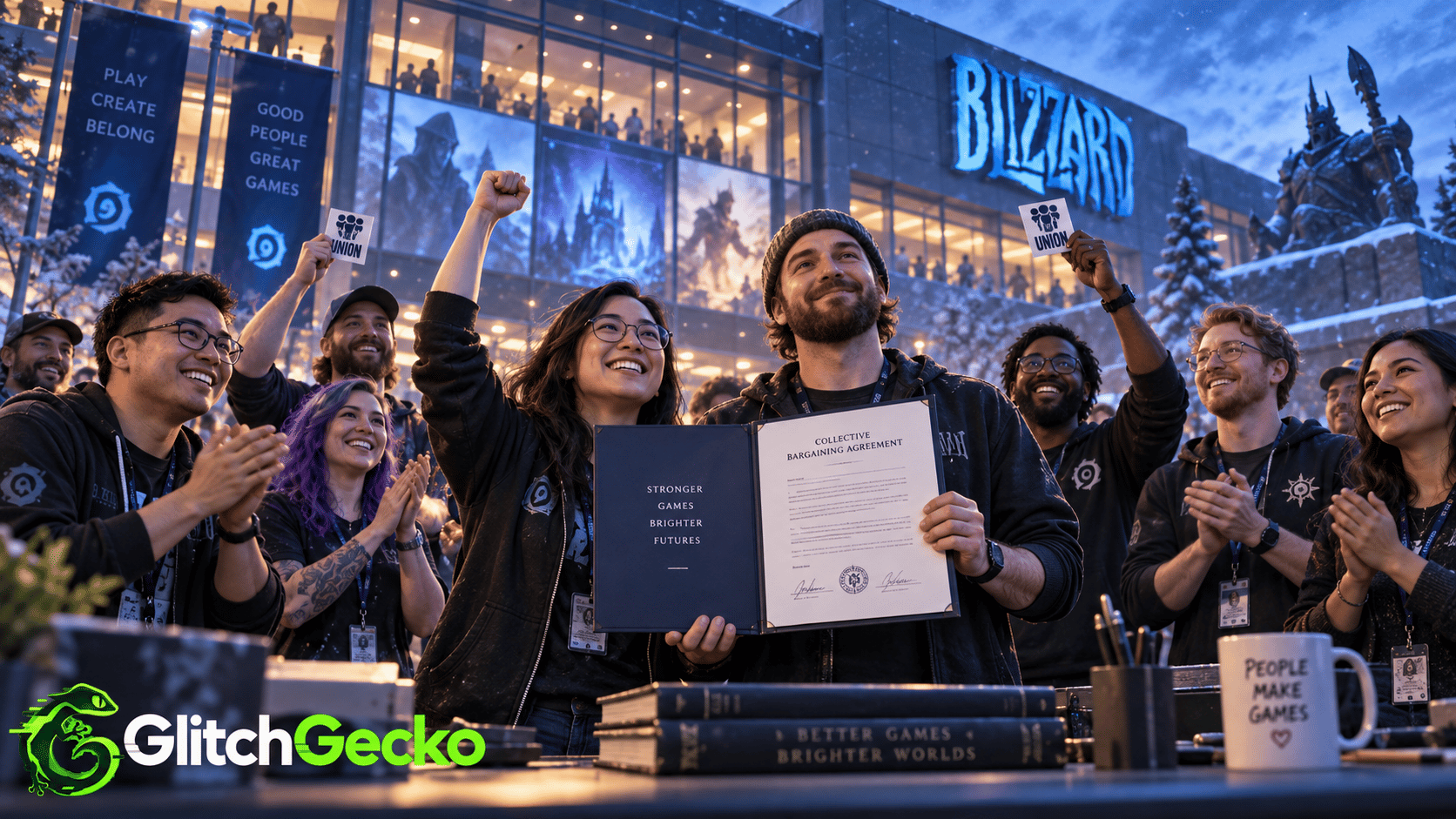 Blizzard employees celebrate outside the studio while holding a collective bargaining agreement, representing the ratification of a historic union contract covering 1,900 workers.