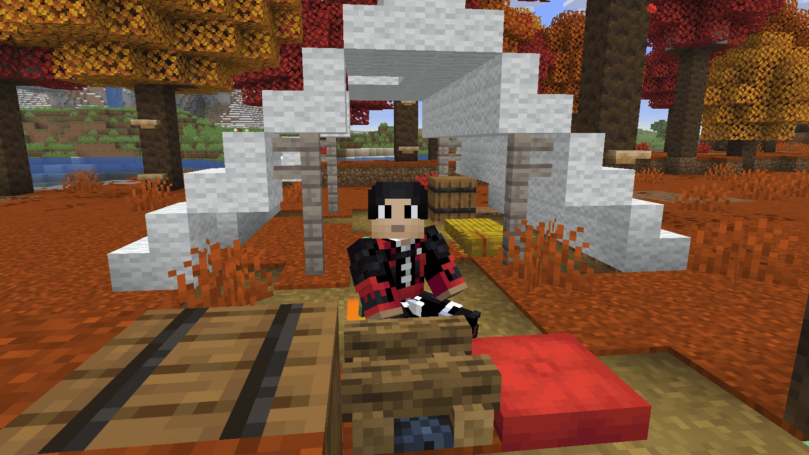 An Abandoned Camp in a Dappled Forest with an Abandoned Camp Map held in the foreground in Minecraft 26.3 Snapshot 9.