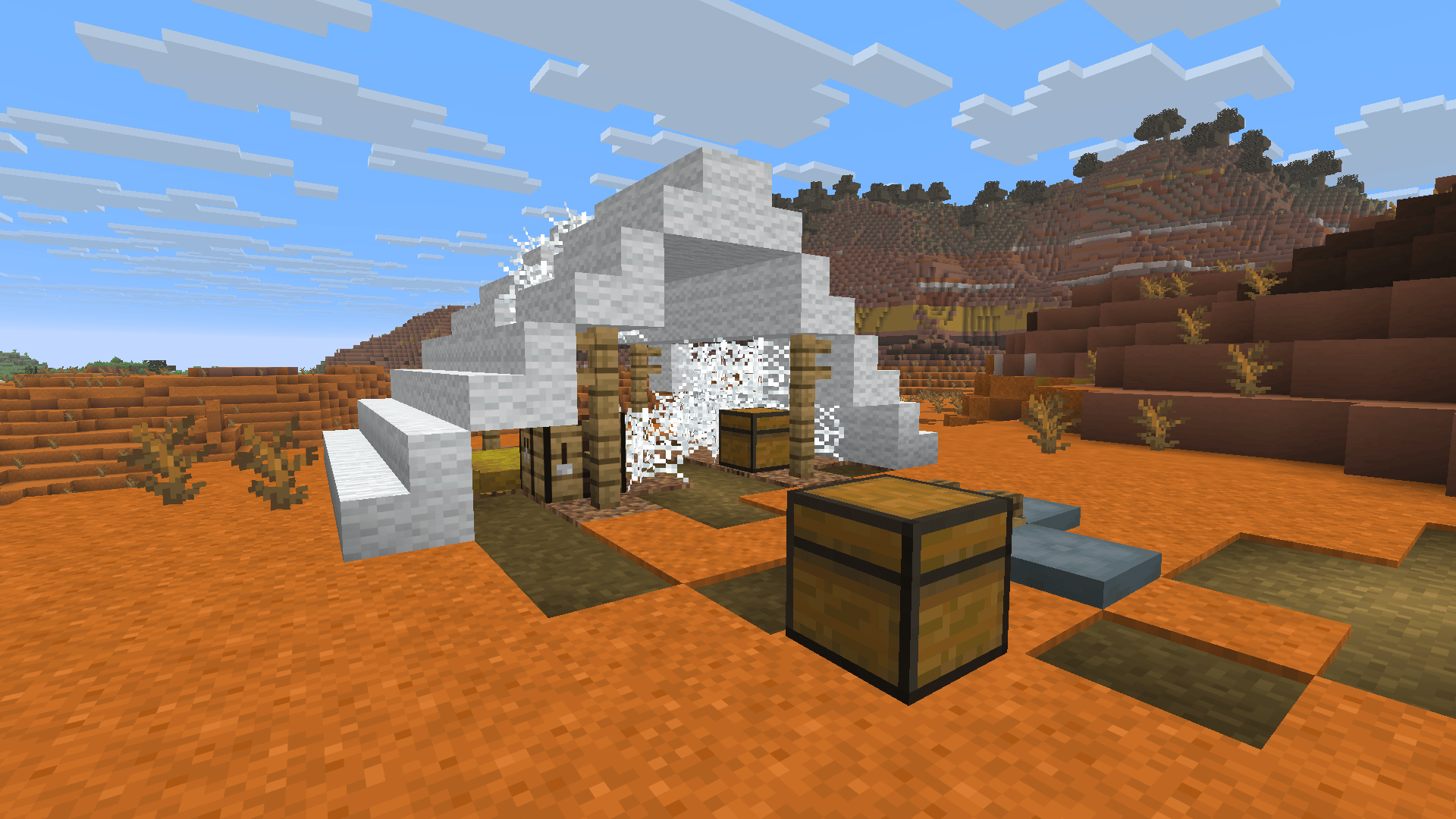 Before-and-after views revealing a Secret Chest in one Abandoned Camp variant in Minecraft Bedrock Preview.