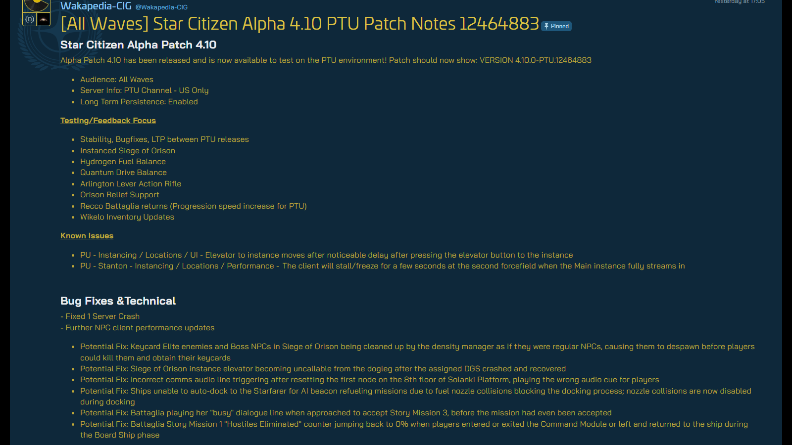 RSI Devtracker showing Star Citizen Alpha 4.10 PTU build 12464883 as an All Waves release.