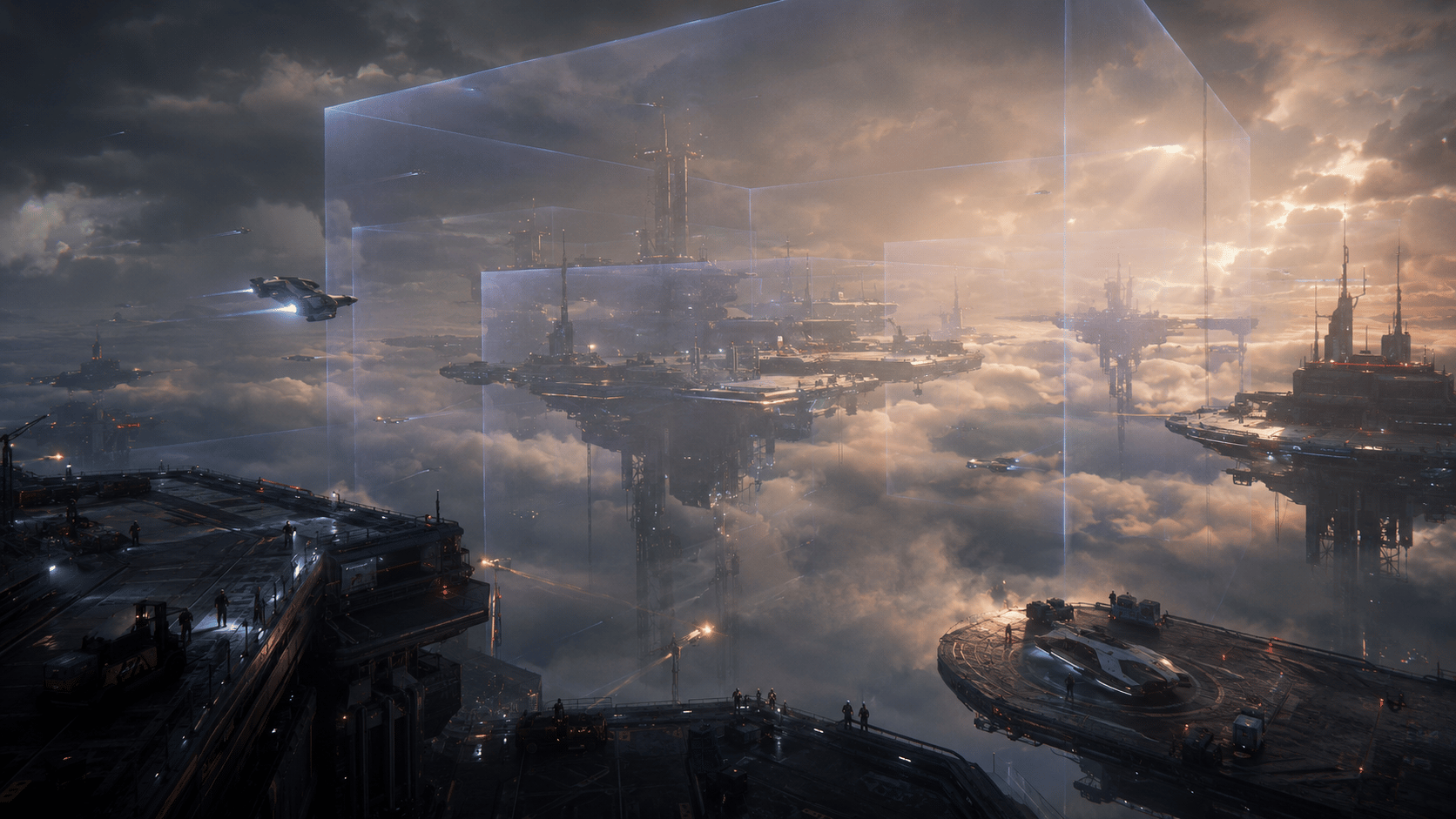 Futuristic floating platforms above clouds in an editorial illustration inspired by Star Citizen Alpha 4.10.