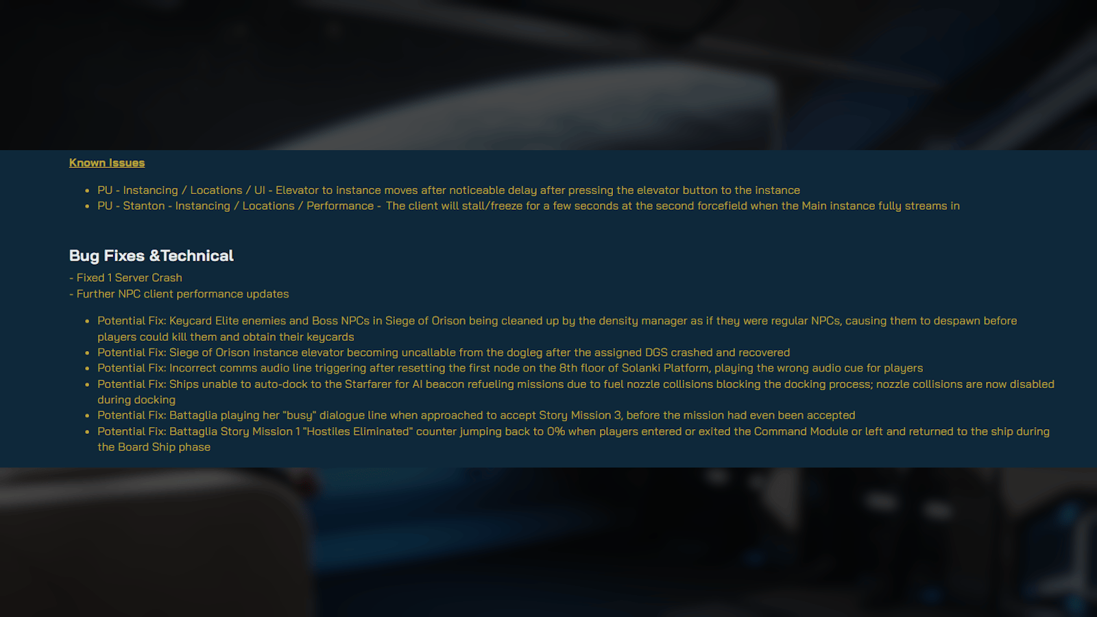 Star Citizen Alpha 4.10 PTU patch notes listing known issues and ongoing fixes.