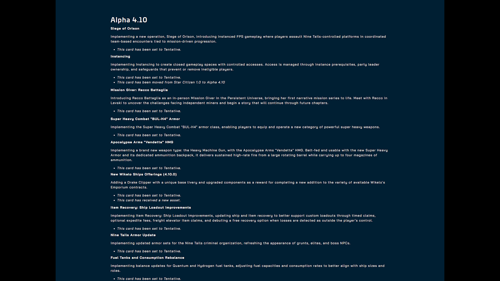 CIG Roadmap Roundup showing Siege of Orison and Instancing moved into Alpha 4.10.